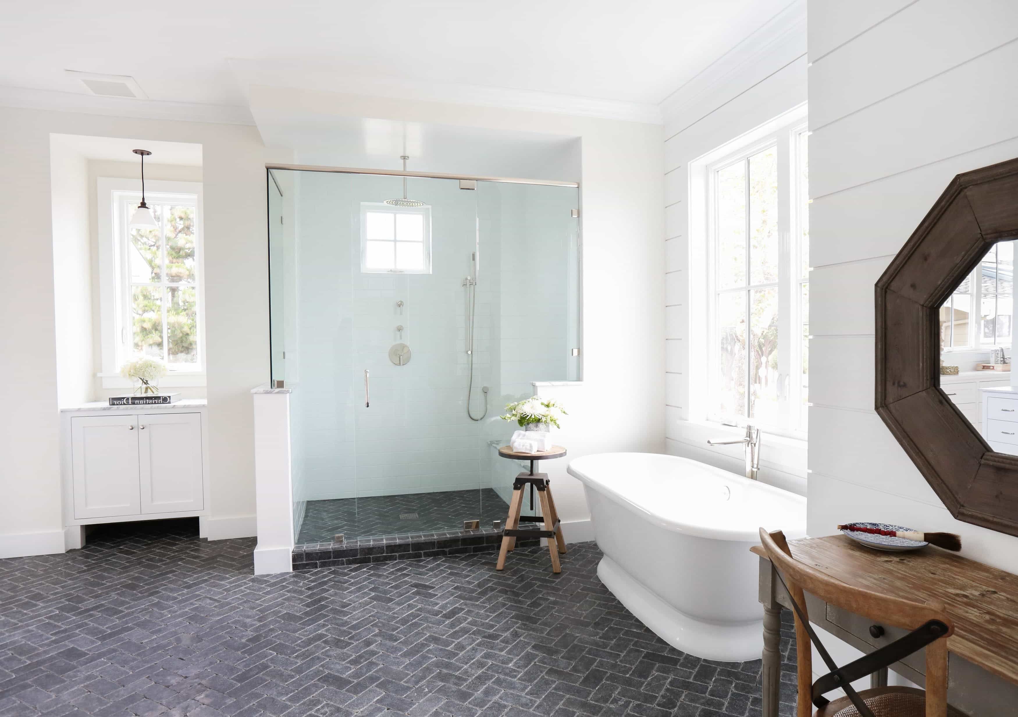 Spacious, Bright Bathroom With Herringbone Tile Floors In Grey Color (View 4 of 20)