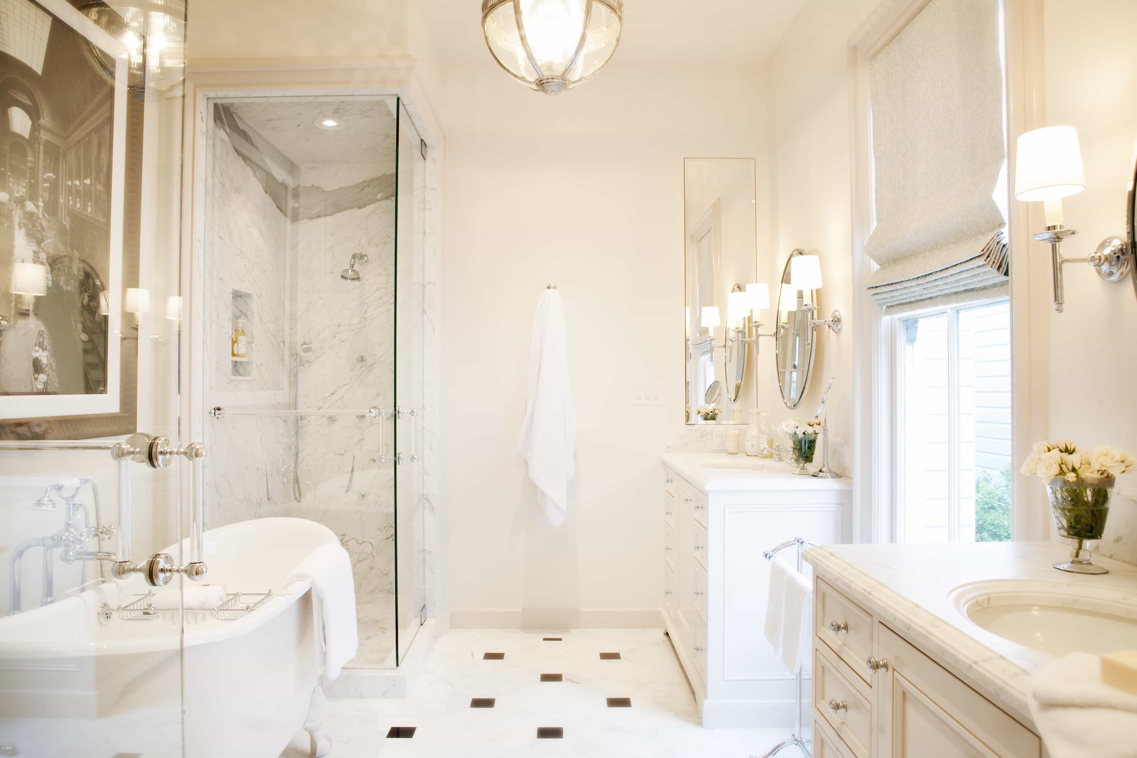 Victorian White Spa Bathroom With Glass Walk In Shower And Corner Vanity (View 17 of 24)