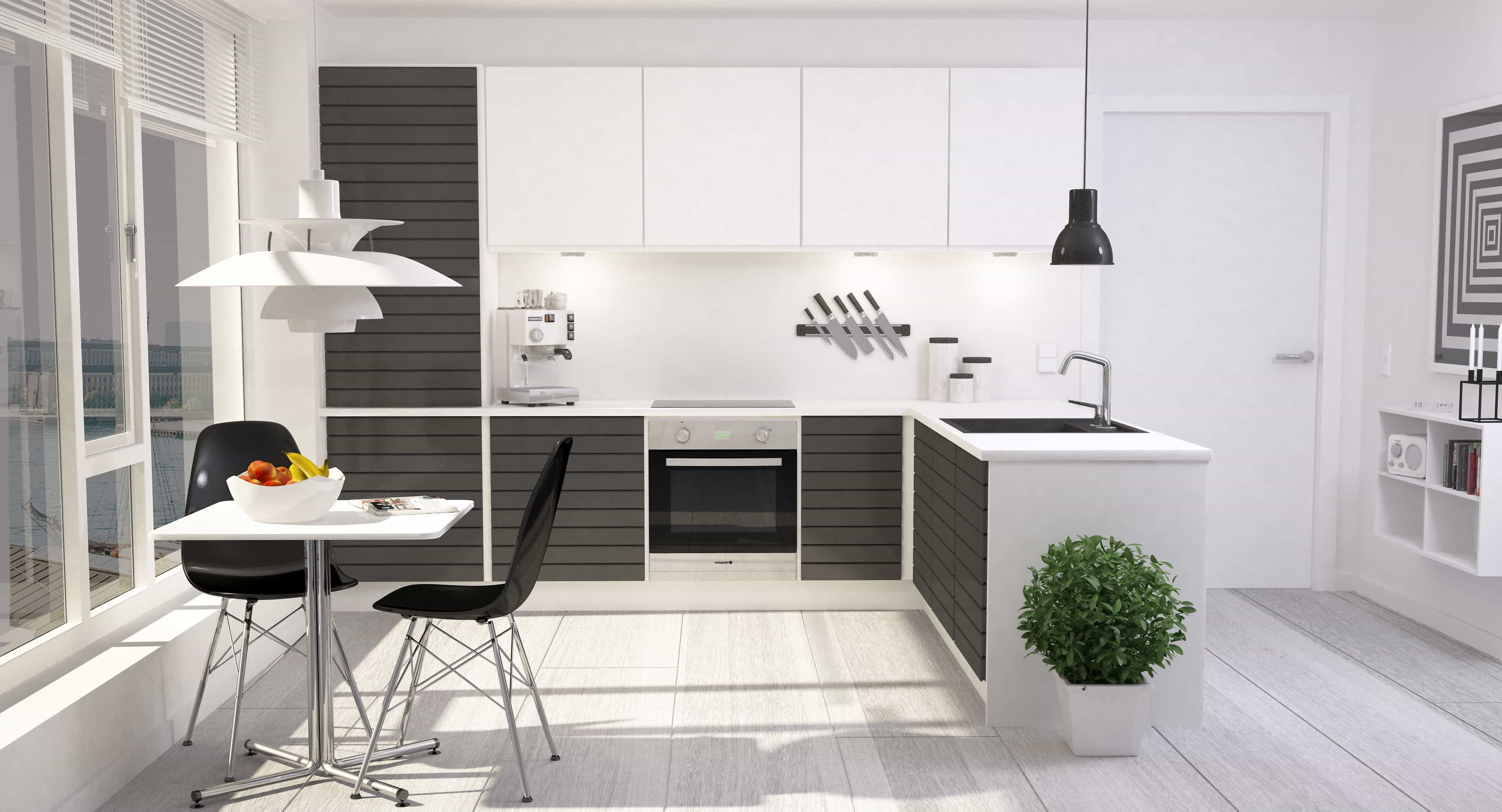 Black And White Contemporary Apartment Kitchen Interior With Flat Panel Cabinets And Small Dining Table And Chairs (View 30 of 39)