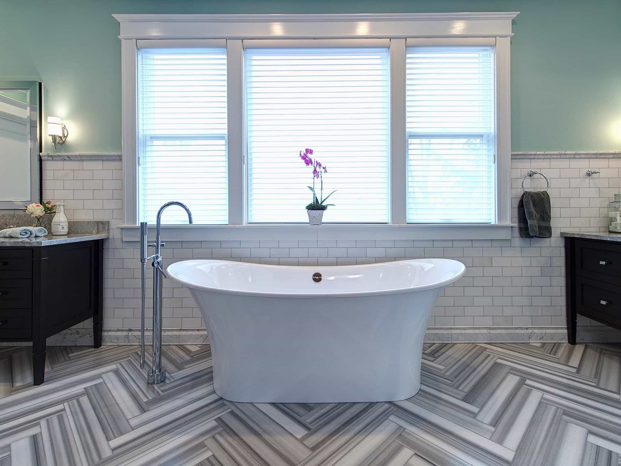 Contemporary Blue Bathroom With Herringbone Floor (View 14 of 20)