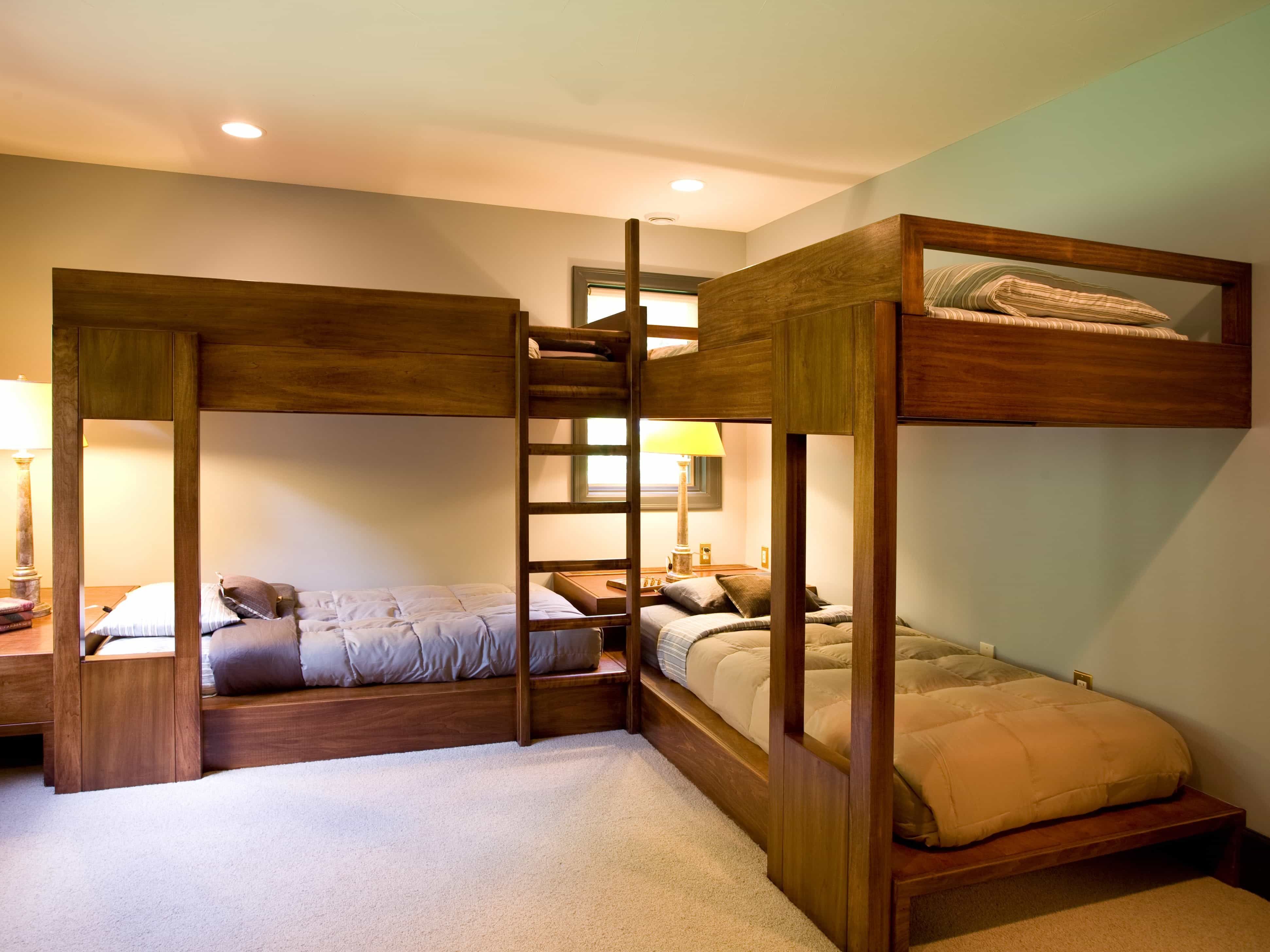 Rustic Childrens Bedroom With Minimalistic Wooden Beds Accented With Neutral Tones And Warm Lighting (View 1 of 27)