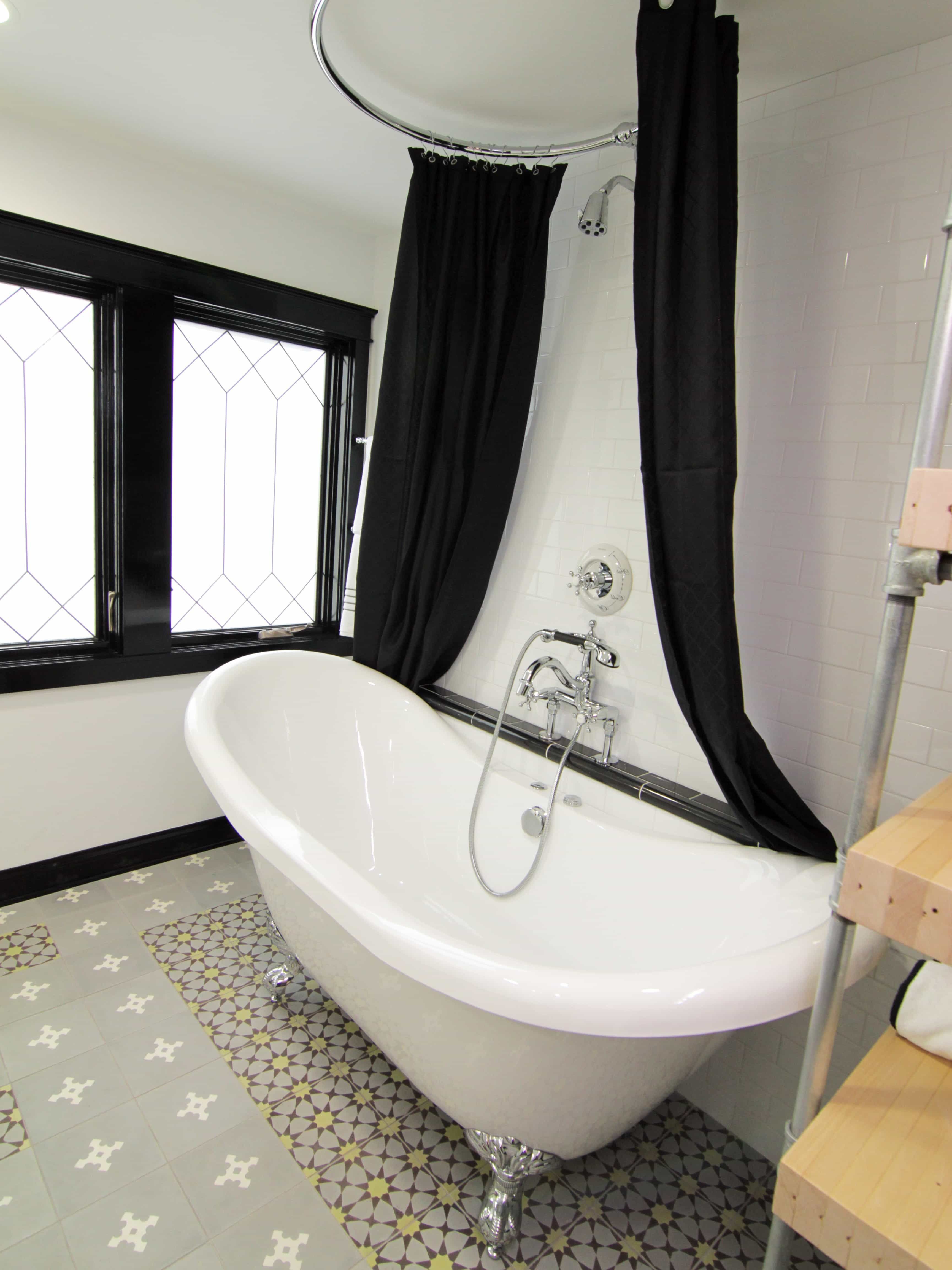Traditional Black And White Bathroom With Yellow And Gray Floor Tile (View 1 of 20)