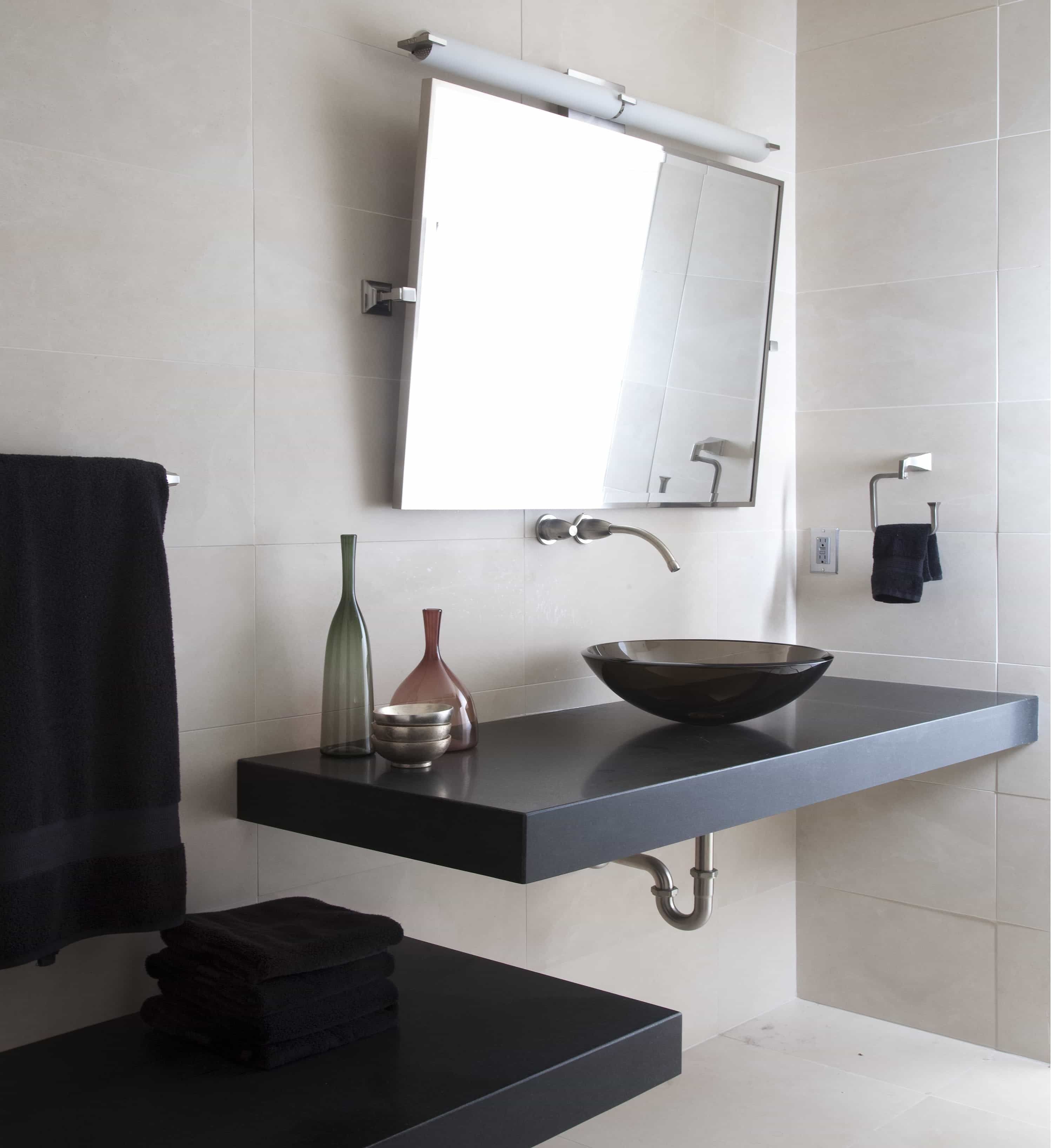 Trendy Floating Corner Vanity In Modern Bathroom (View 3 of 24)