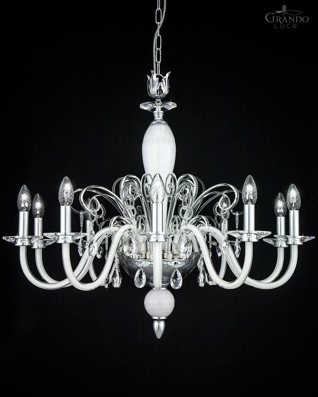 12010 Ch Chrome White Crystal Chandelier Grandoluce Throughout White Chandeliers (Photo 5 of 15)