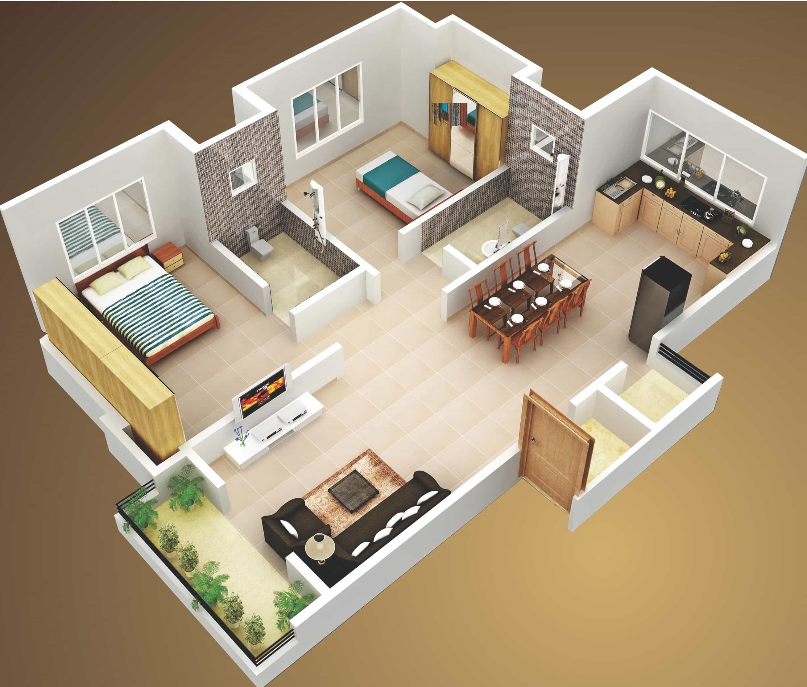 3D Two Bedroom House Layout Design Plans 22449 Interior Ideas