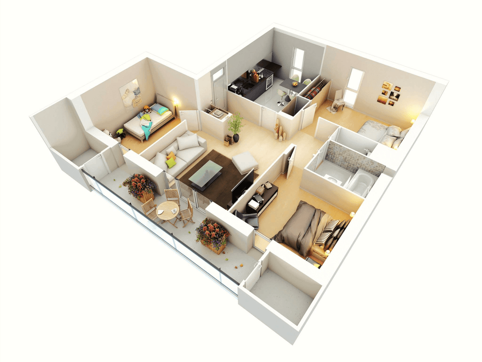 3D Three Bedroom House Layout Design Plans