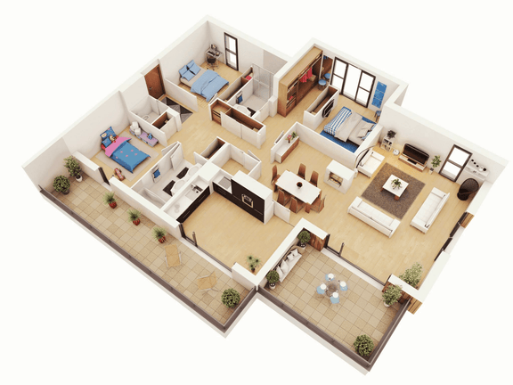 3D Three Bedroom House Layout Design Plans