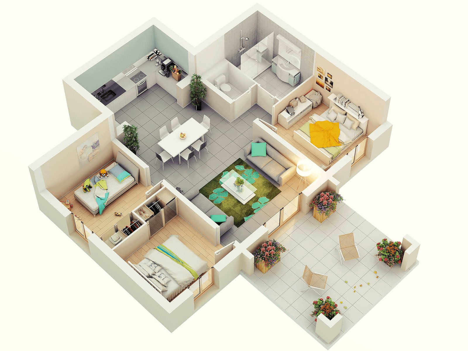 3 Bedroom House With Terrace Floor Plans 3D 1200 Sqft (View 11 of 11)
