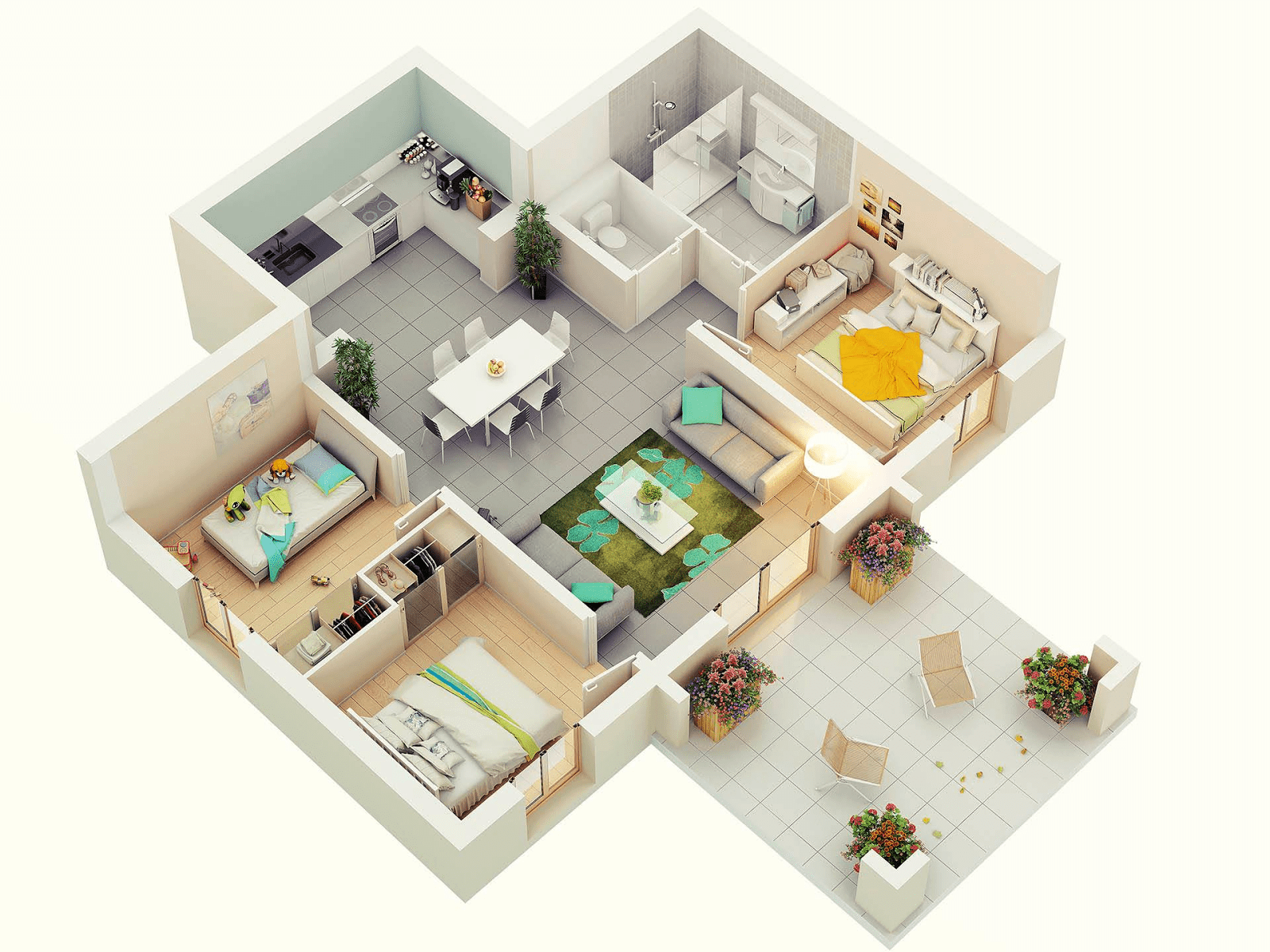 3 Bedroom House Floor Plans 3D Floorplans click