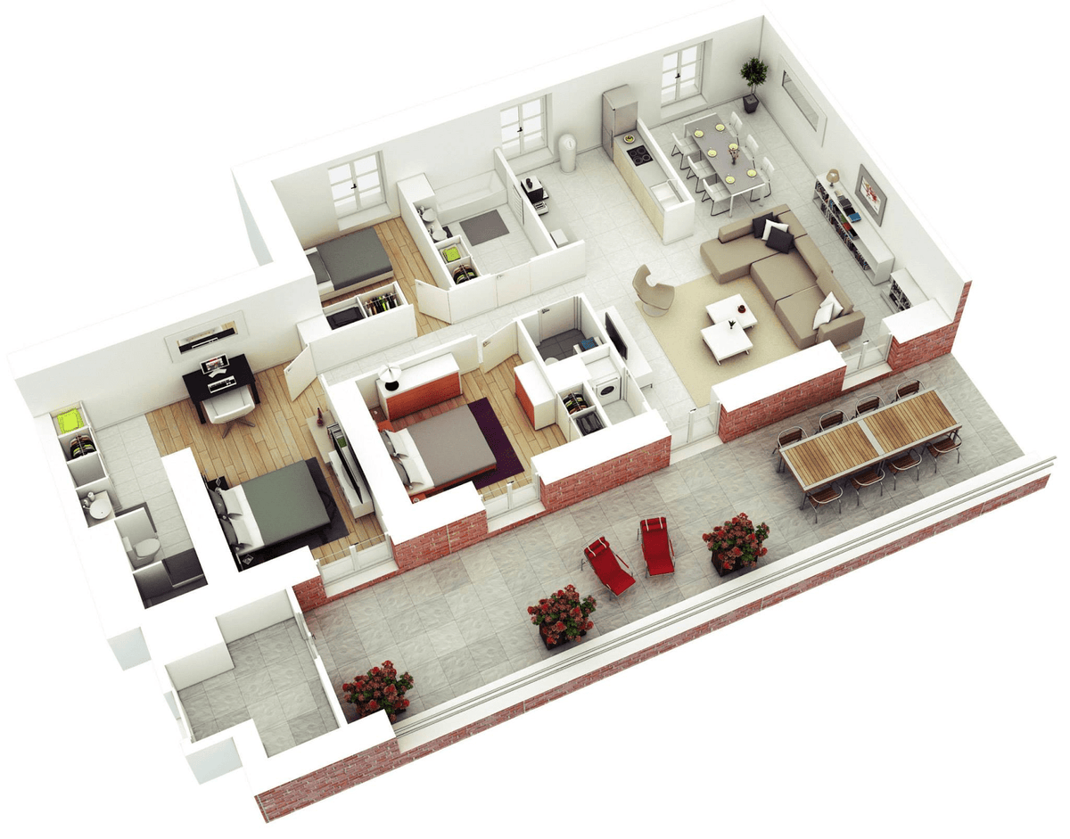 3D Three Bedroom House Layout Design Plans