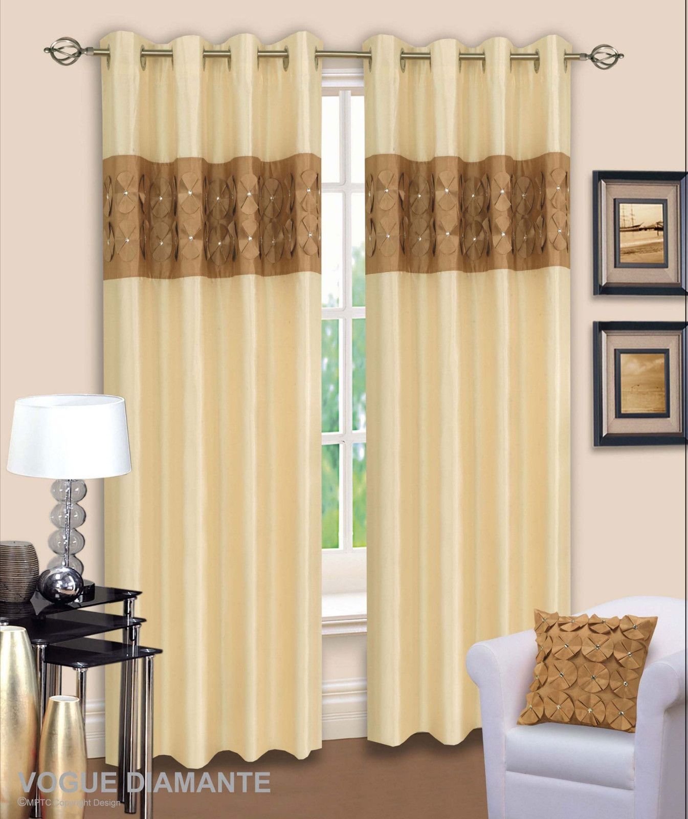 3d Diamante Ringtop Eyelet Lined Curtains Faux Silk Beige Latte Inside Beige Lined Curtains (Photo 7 of 15)