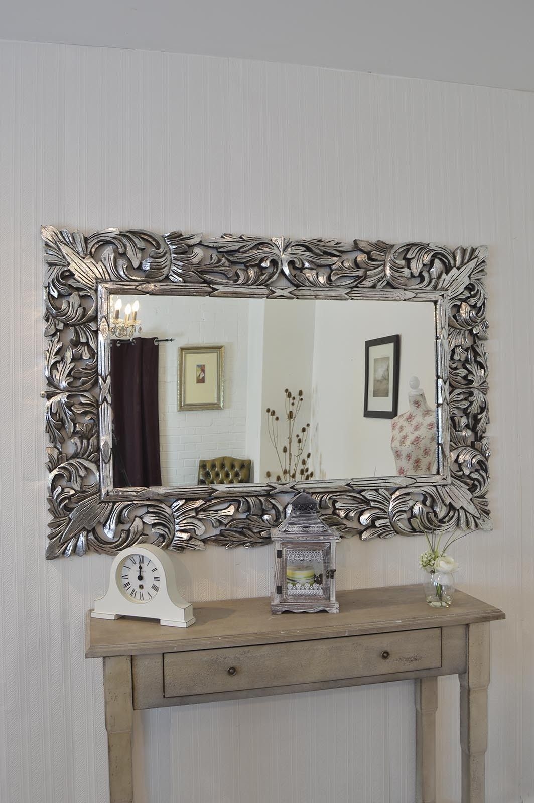 4ft11 X 3ft4 Large Silver Carved Ornate Wall Mounted Mirror Wood In Ornate Silver Mirror (Photo 9 of 15)