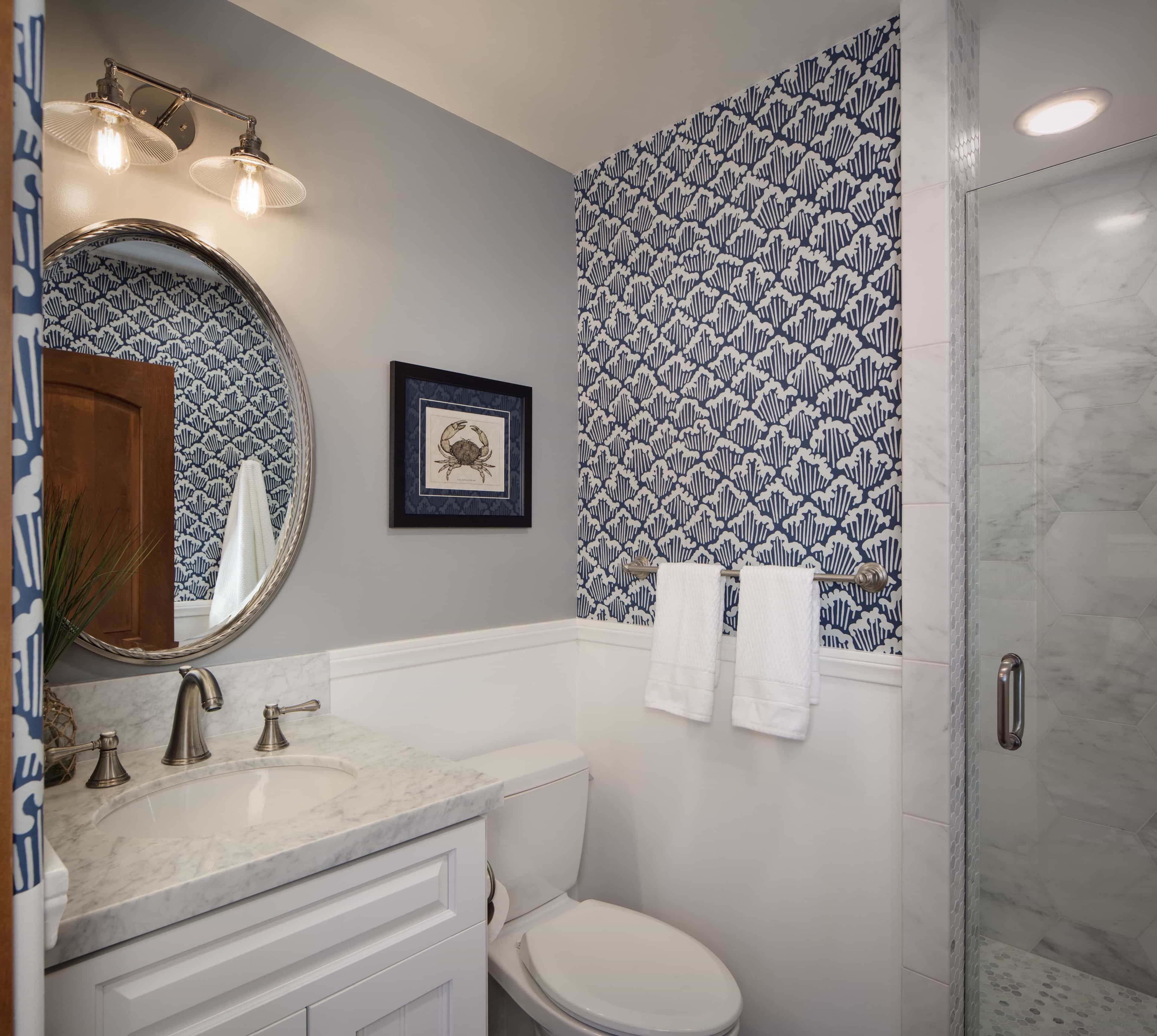 Featured Photo of Blue and Gray Coastal Bathroom With Wave Wallpaper