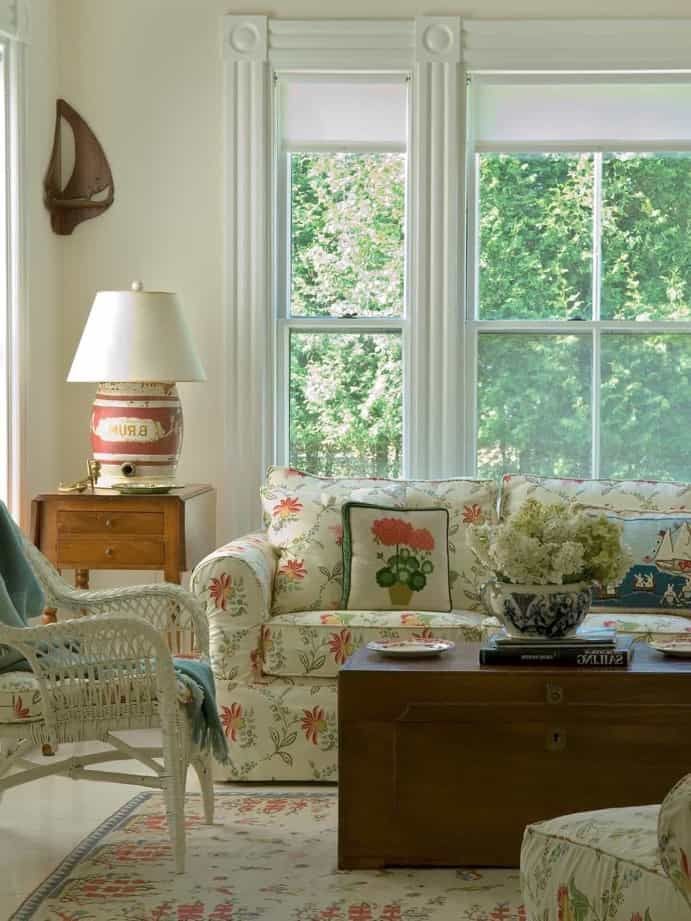 Featured Photo of Bright Sunroom With Floral Sofa and Coffee Table Chest
