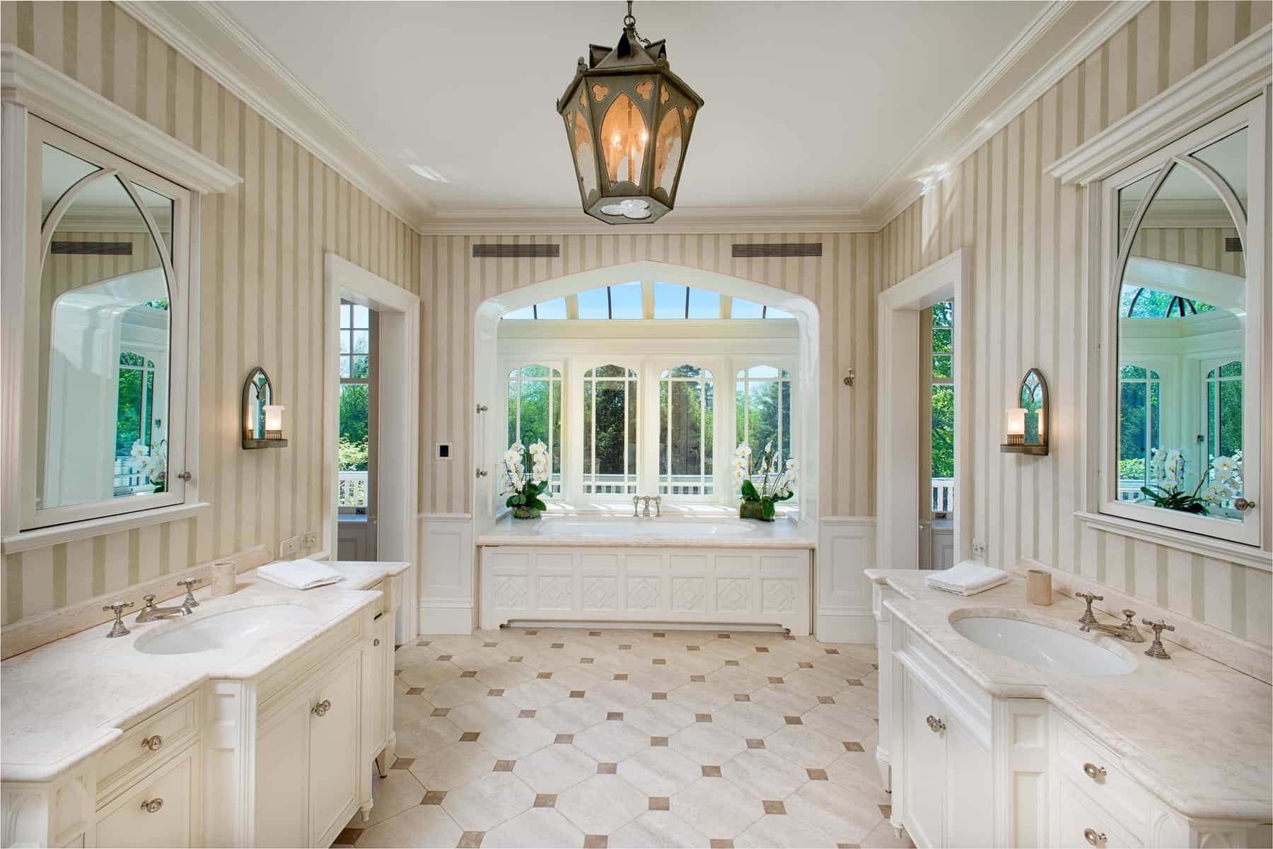 Geometric Floor Tile For Cottage Neutral Bathroom With ...