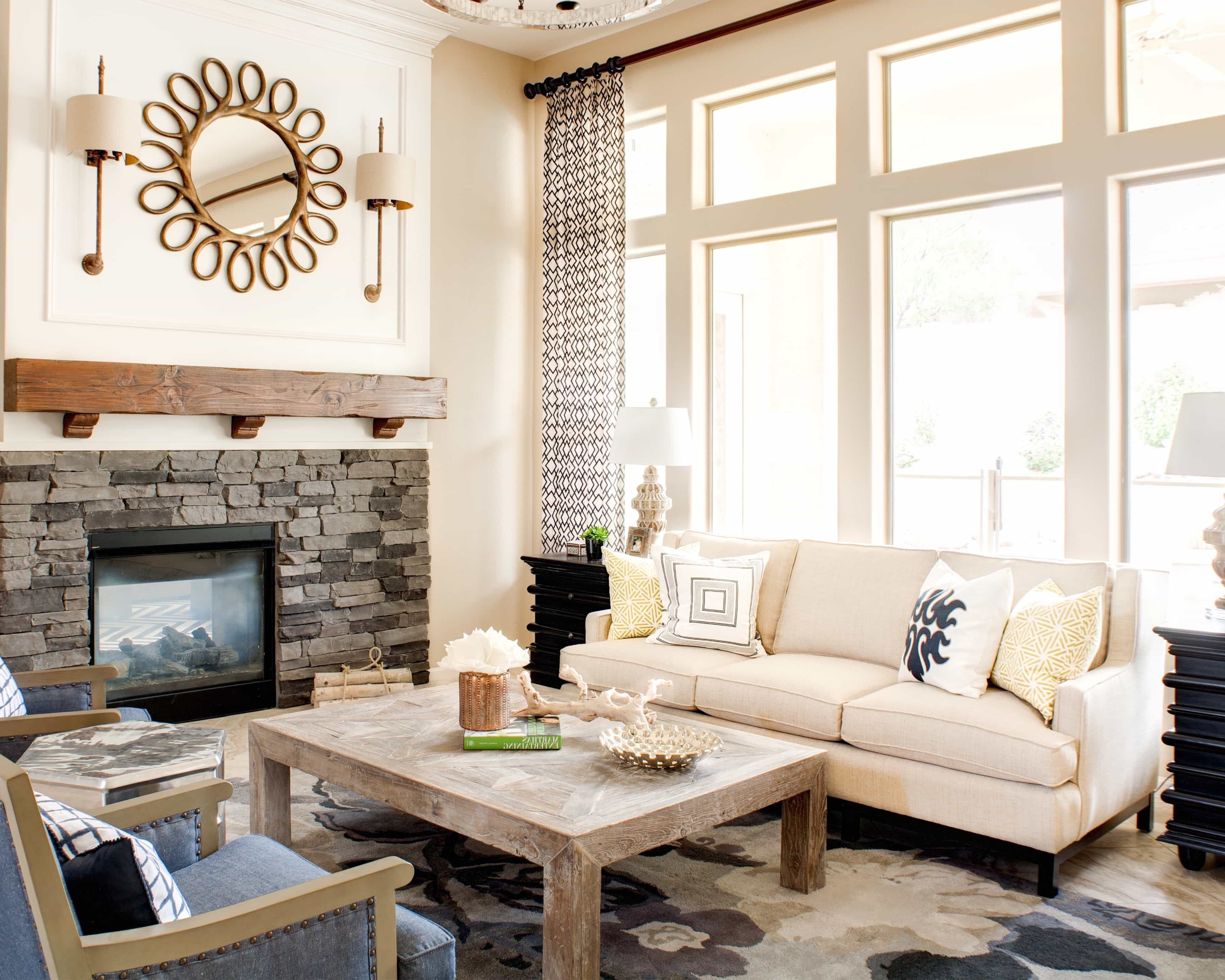 Featured Photo of Gray and White Transitional Rustic Living Room With Fireplace