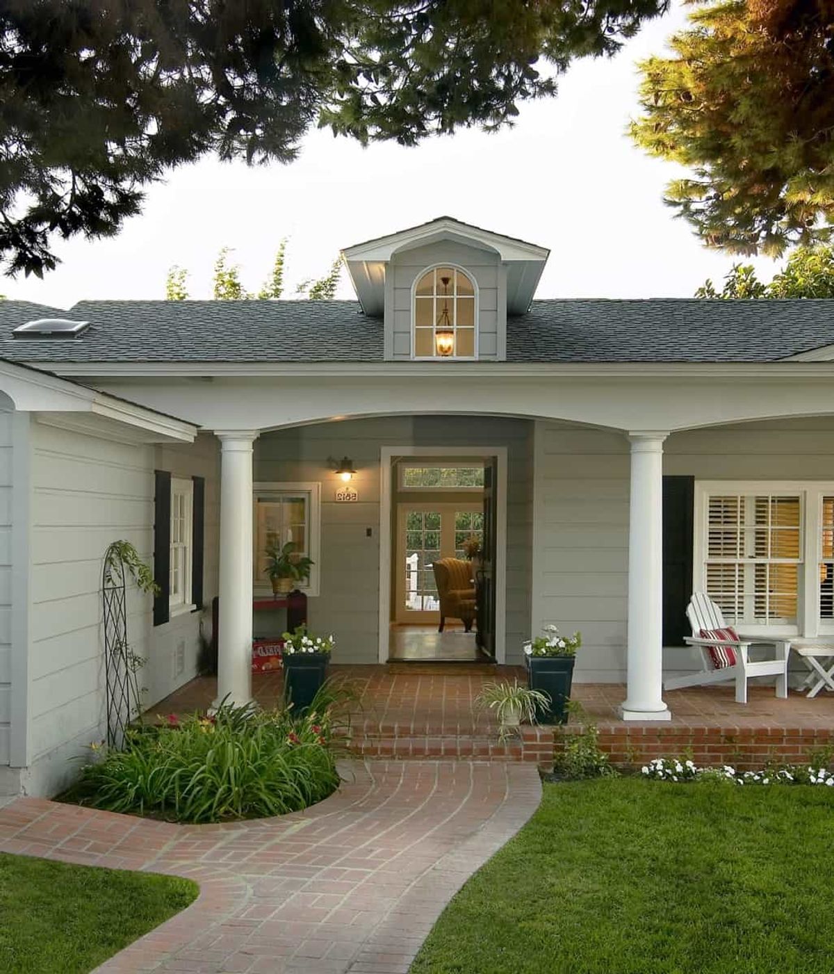 Minimalist Pillars for House Entrance With Brick Walkway and Porch