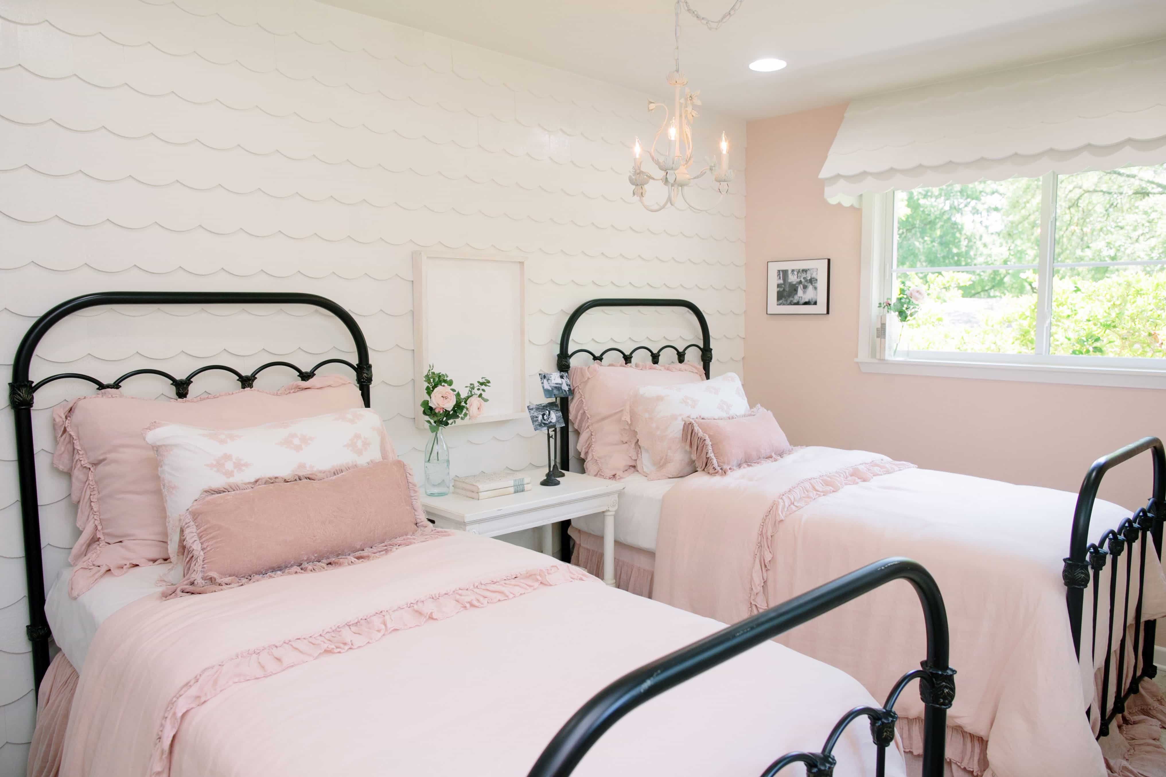 Shabby Chic Girls Dollhouse Bedroom With Ruffled Blush Bed Linens And White Shingle Accent Wall (View 12 of 20)