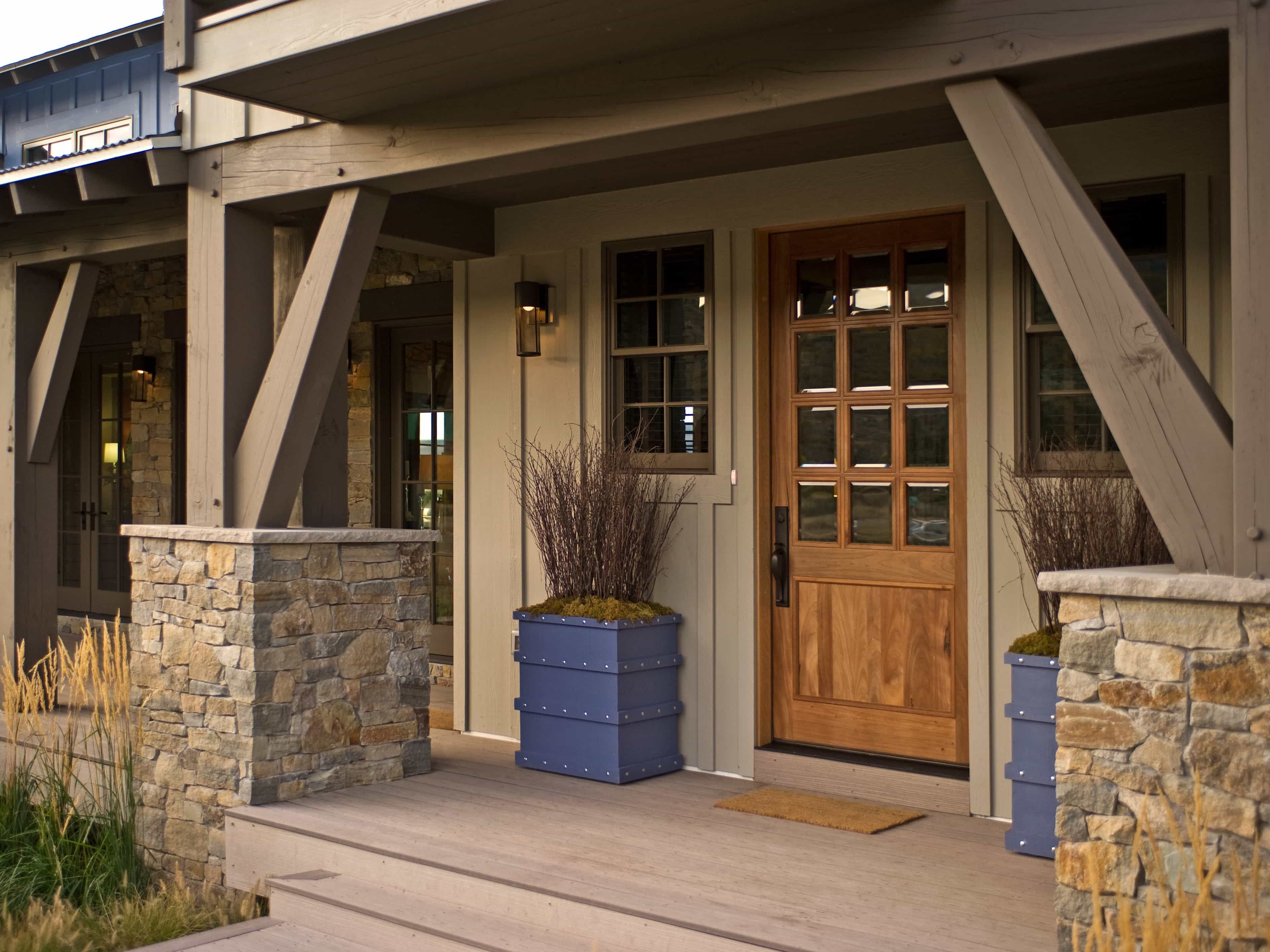 Stone And Wood Pillars For Angled Porch Design (View 11 of 20)