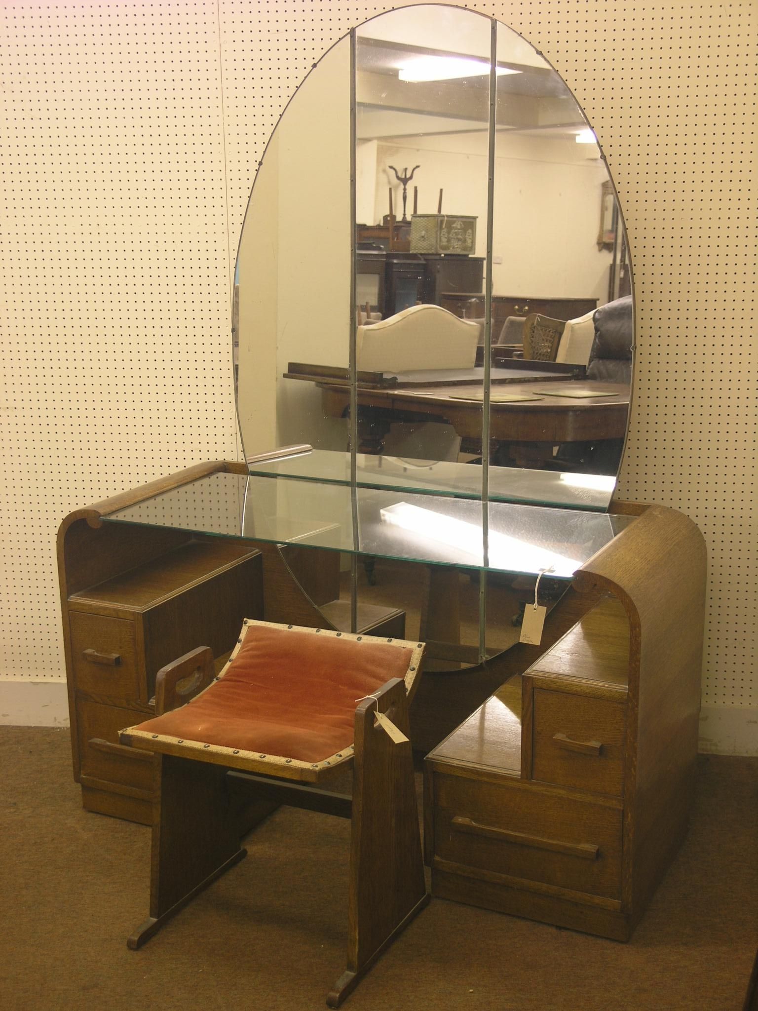 An Art Deco Oak Veneered Dressing Table Large Oval Mirror Above Throughout Art Deco Mirrored Dressing Table (Photo 9 of 15)
