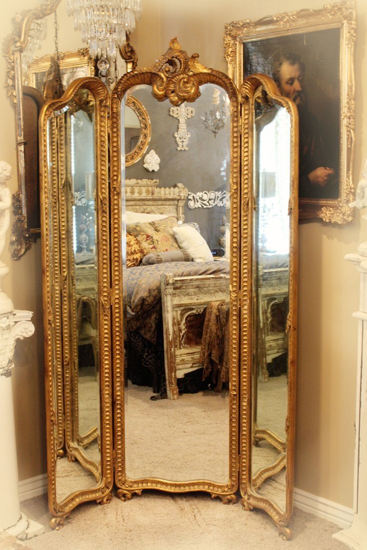 Antique Hand Carved Gilt Three Panel Mirror Shab Chic Throughout Antique Dressing Mirror Full Length (View 7 of 15)