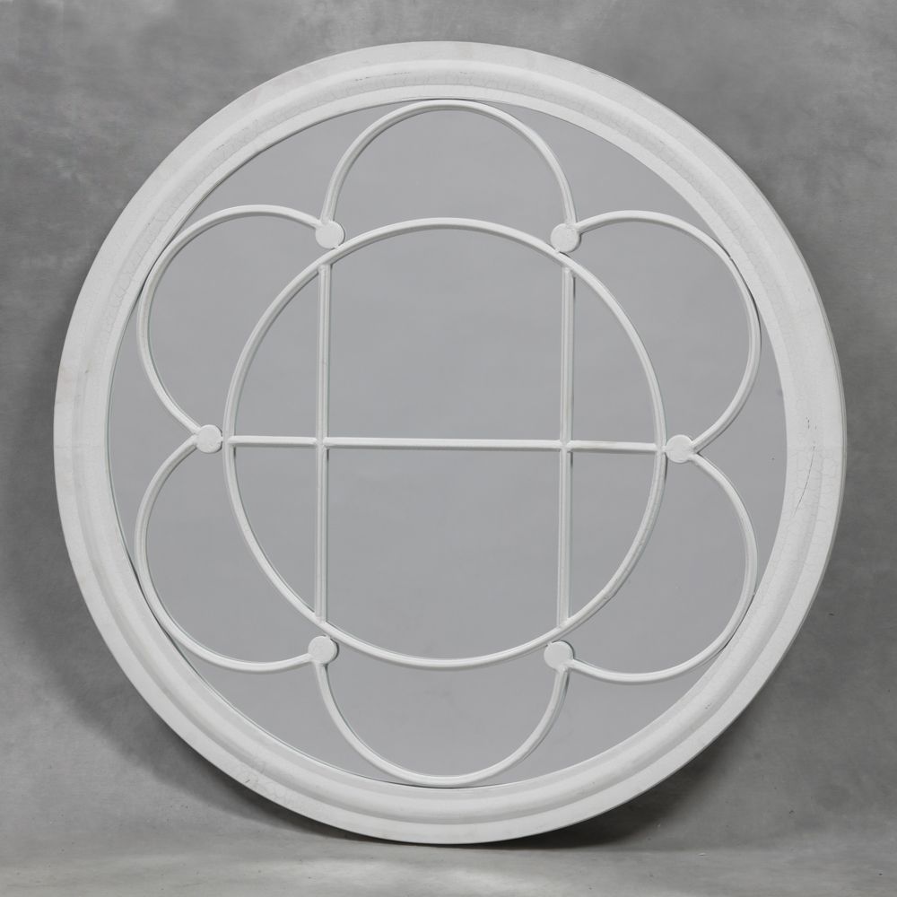 Antiqued Crackle White Round Clover Metal Mirror In White Metal Mirror (Photo 10 of 15)