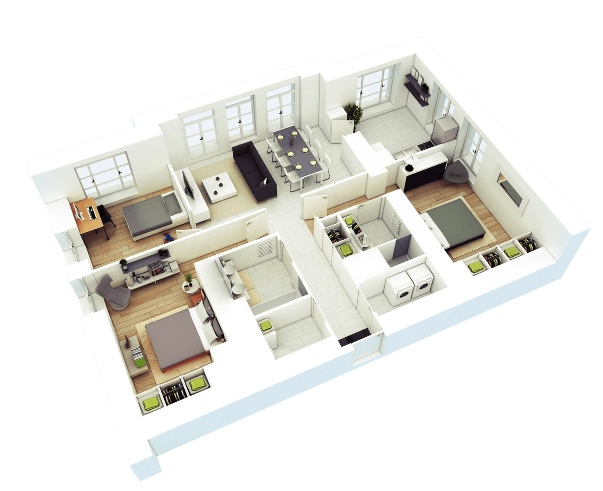 3D Three Bedroom House Layout Design Plans