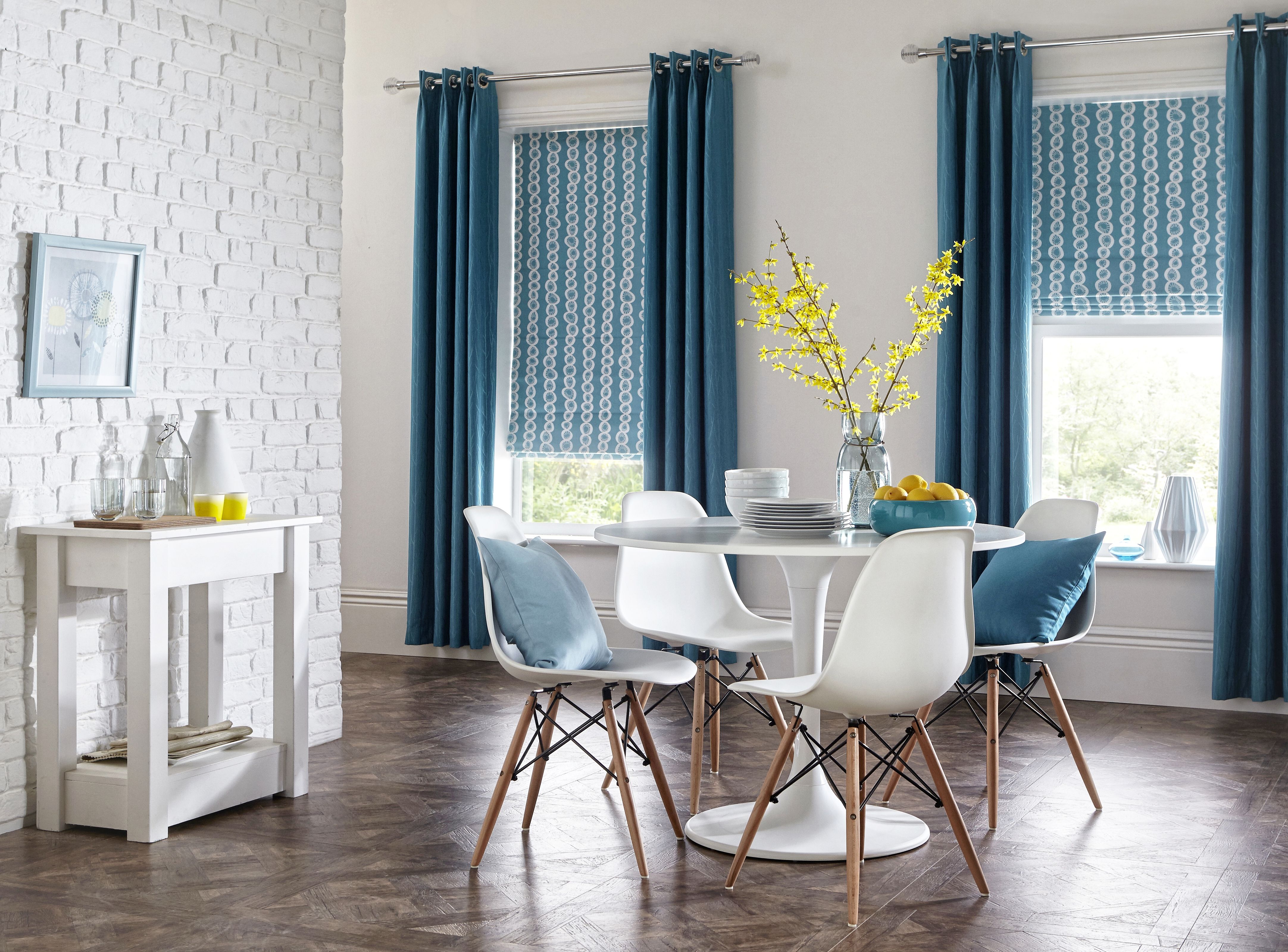 Blue And White Living Room Sherwood Curtains In Teal With Nirvana Within Blue Roman Blinds (Photo 10 of 15)