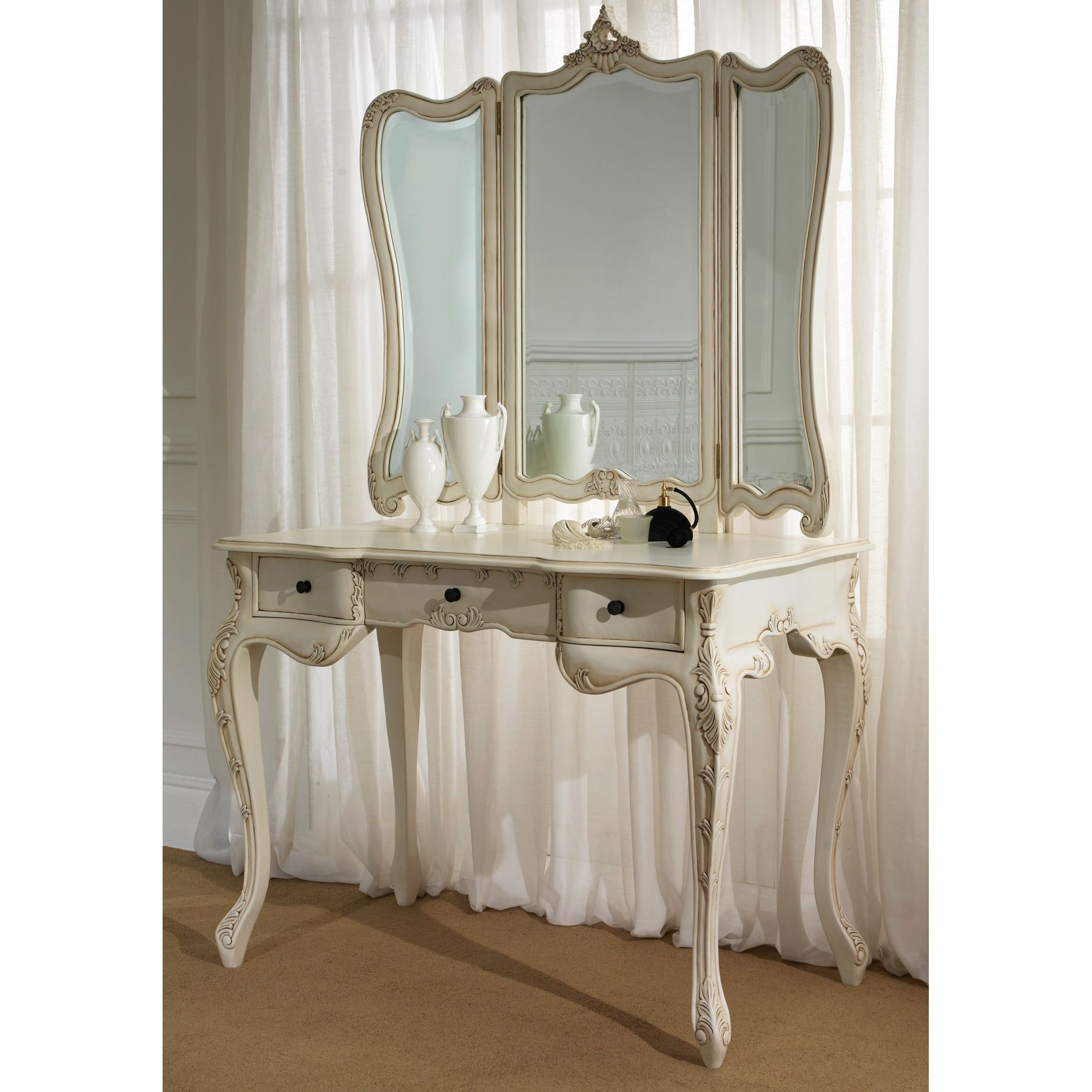 Decoration Antique Wooden Dressing Table With Three Drawers As Throughout Decorative Dressing Table Mirrors (View 3 of 15)