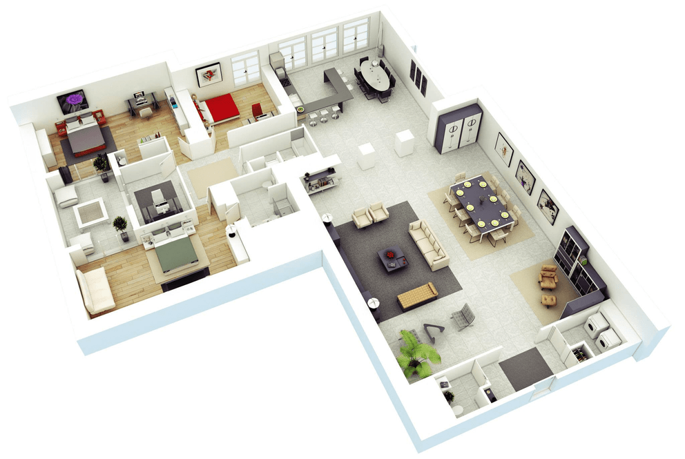 3D Three Bedroom House Layout Design Plans