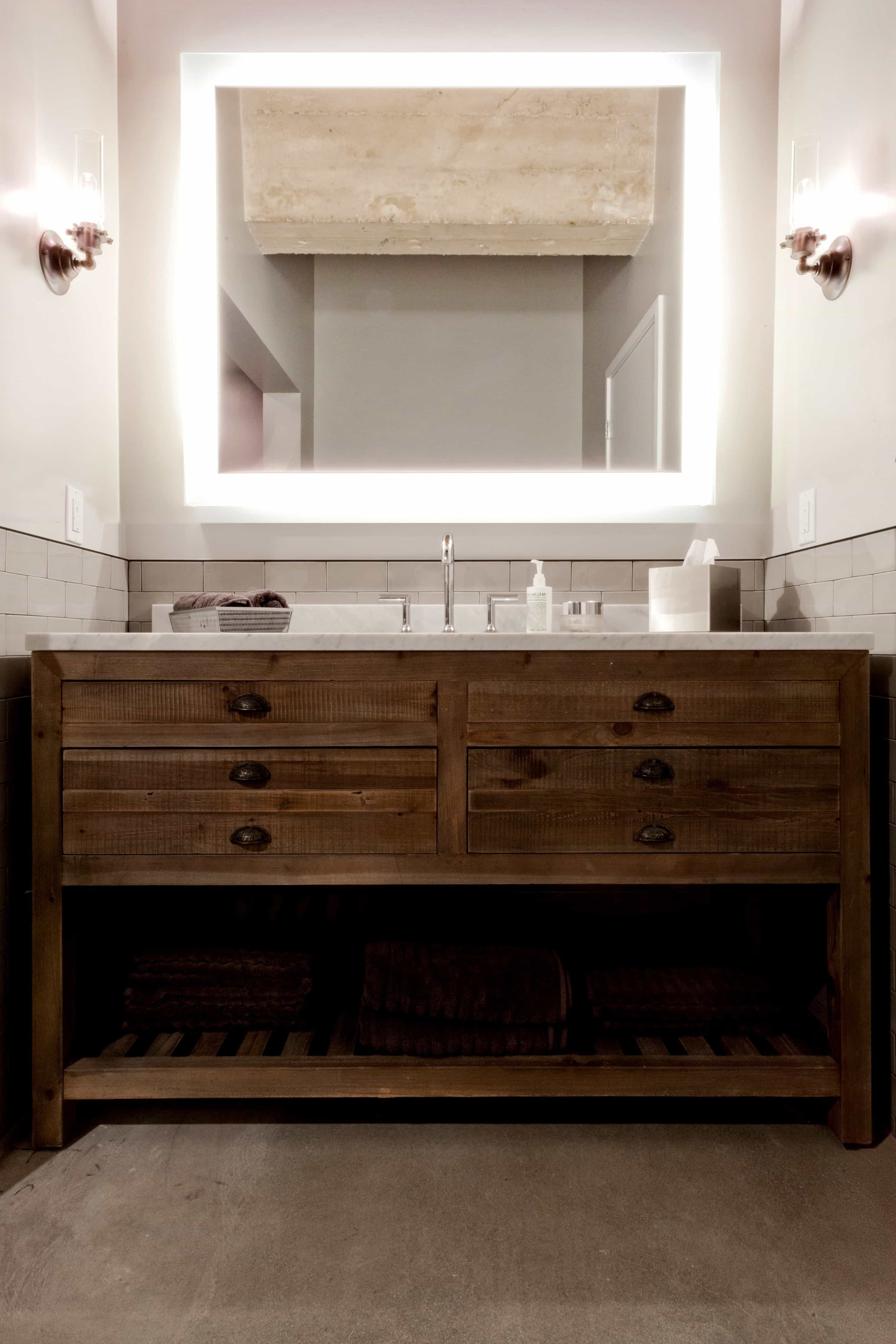 Illuminated Bathroom Mirror And Dresser Style Vanity (View 2 of 8)