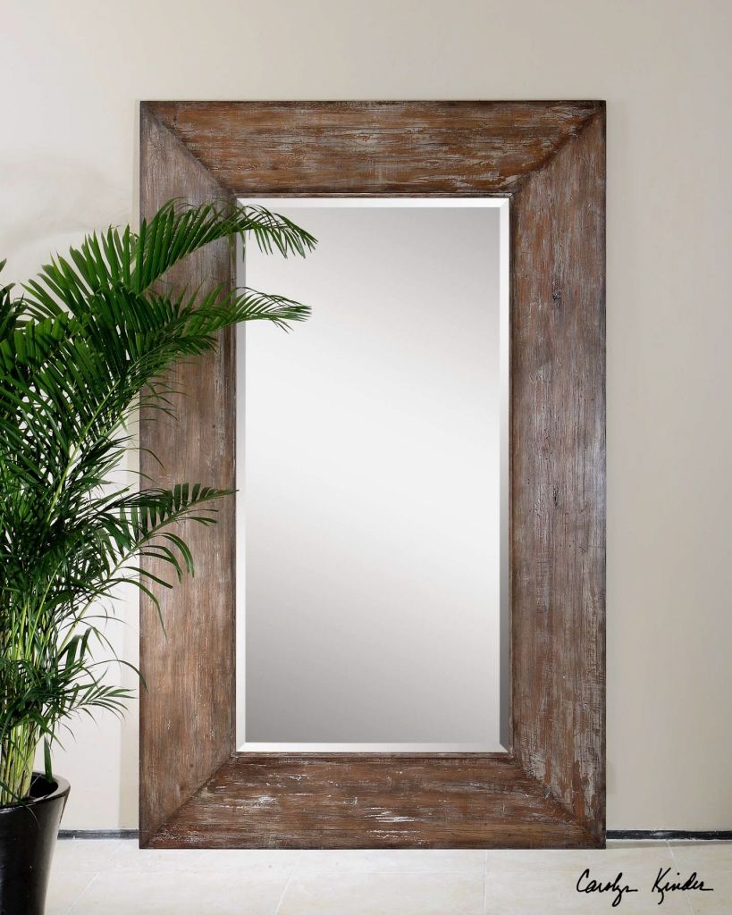 Large Antiqued Hickory Tone Beveled Wall Mirror Langford Um Pertaining To Large Landscape Mirrors (View 8 of 15)