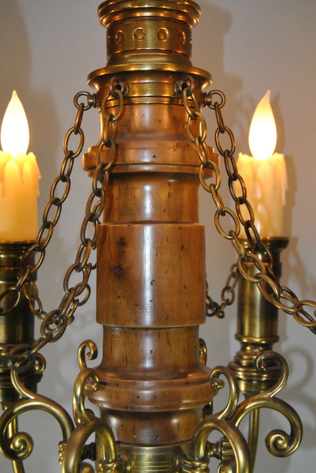 Large Six Arm Gothic Revival Brass And Wood Chandelier Light Pertaining To Large Brass Chandelier (View 11 of 15)