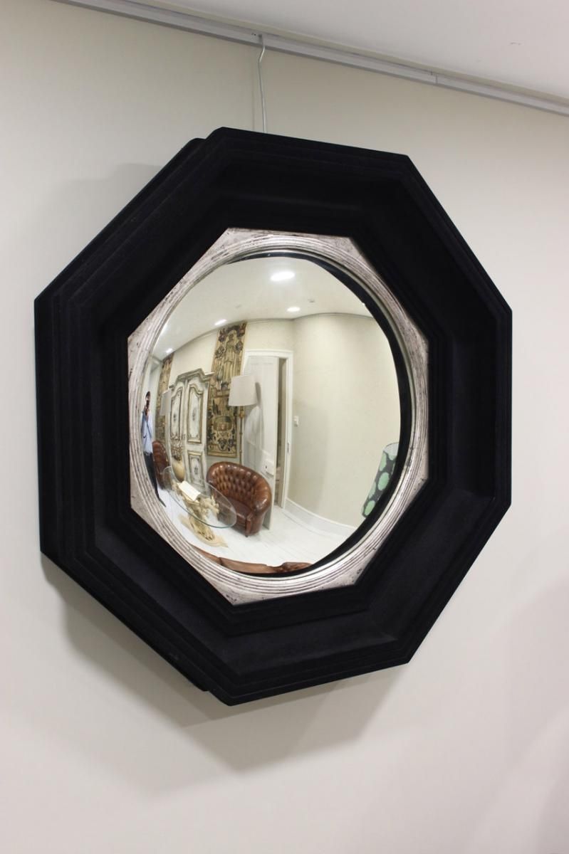 Mid Century Large Octagonal Flocked Black Convex Mirror For Sale In Black Convex Mirror (View 3 of 15)