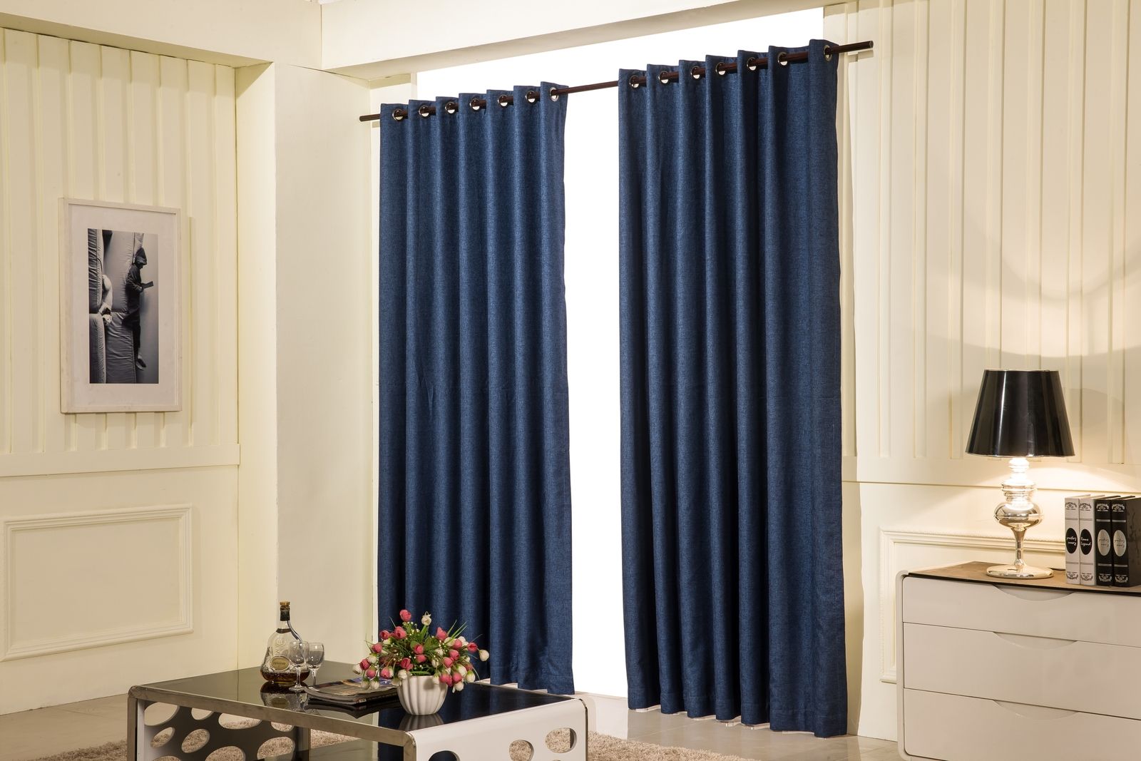 Navy Blue Blackout Custom Made Curtains With Table Ideas Julieliles Regarding Custom Made Blackout Curtains (View 6 of 15)