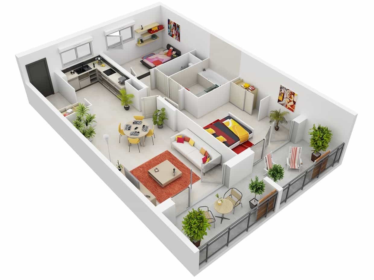 3D Two Bedroom House Layout Design Plans