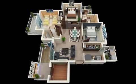 3D Three Bedroom House Layout Design Plans