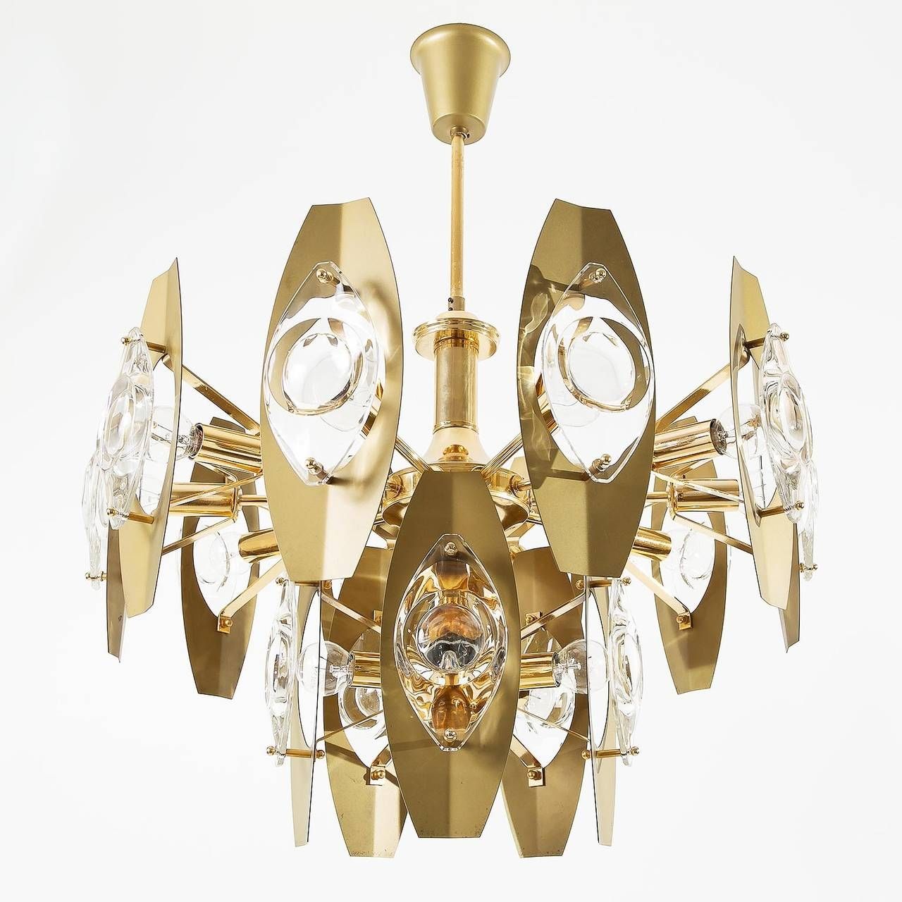 Pair Of Large Italian Gaetano Sciolari Chandeliers Lens Glass With Large Brass Chandelier (View 12 of 15)