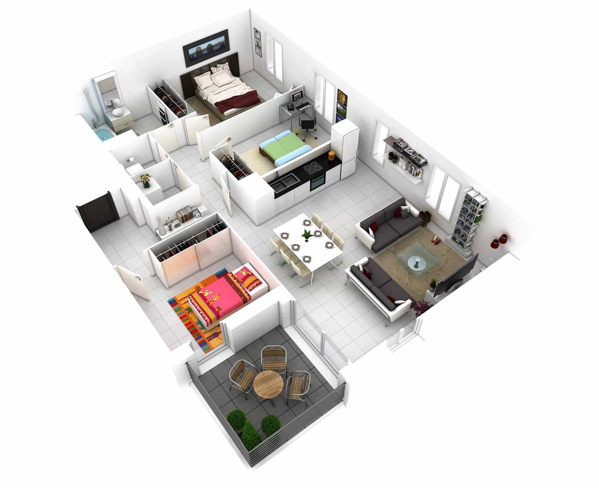 3D Three Bedroom House Layout Design Plans