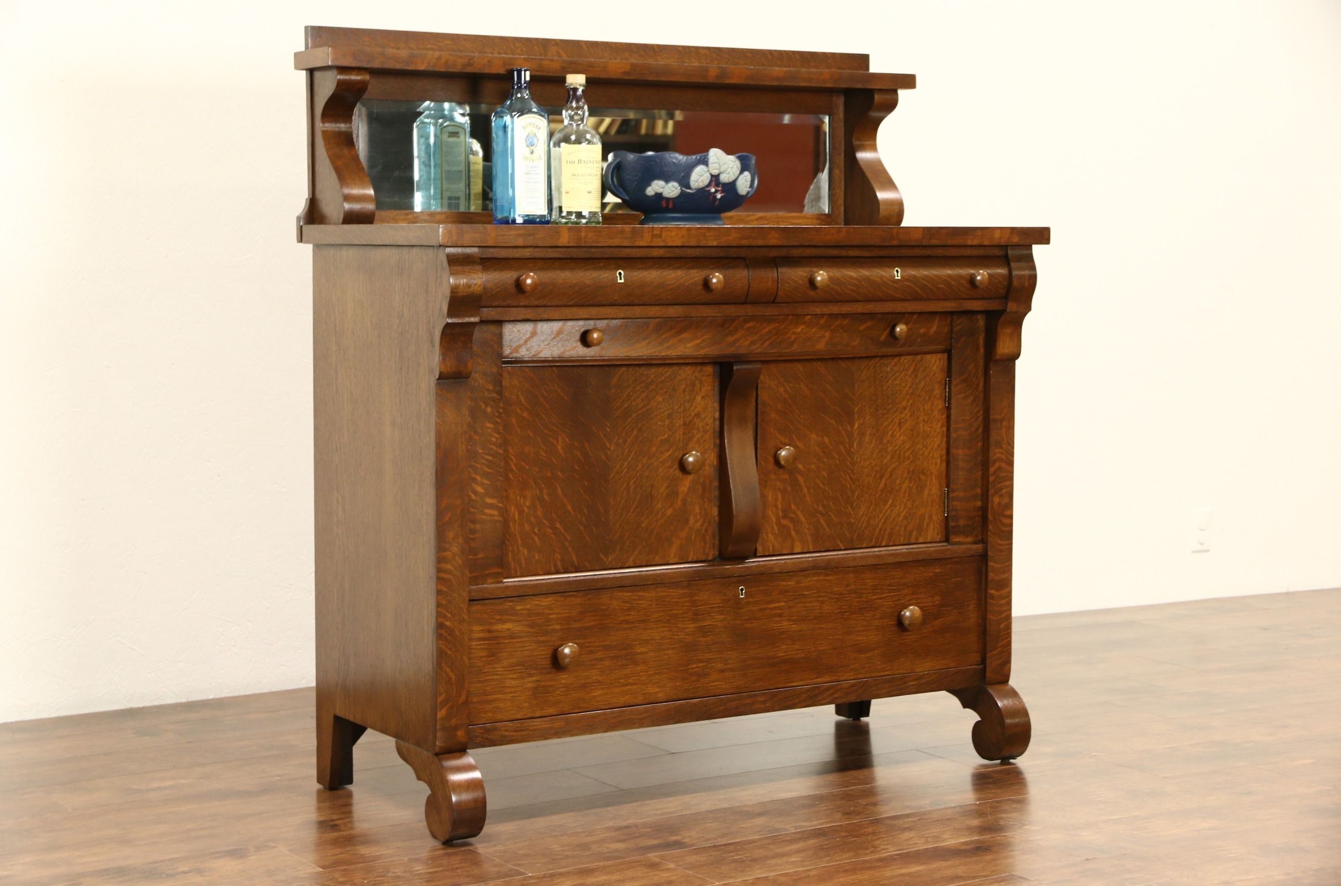 Sold Oak 1900 Antique Empire Sideboard Or Buffet Beveled Mirror In Antique Oak Mirrors (Photo 10 of 15)