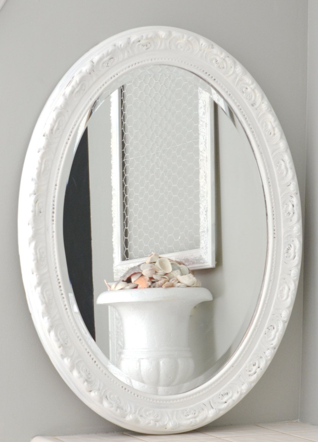 Sold Shab Chic White Oval Mirror Large Oval Shab Chic For Oval Shabby Chic Mirror (View 11 of 15)