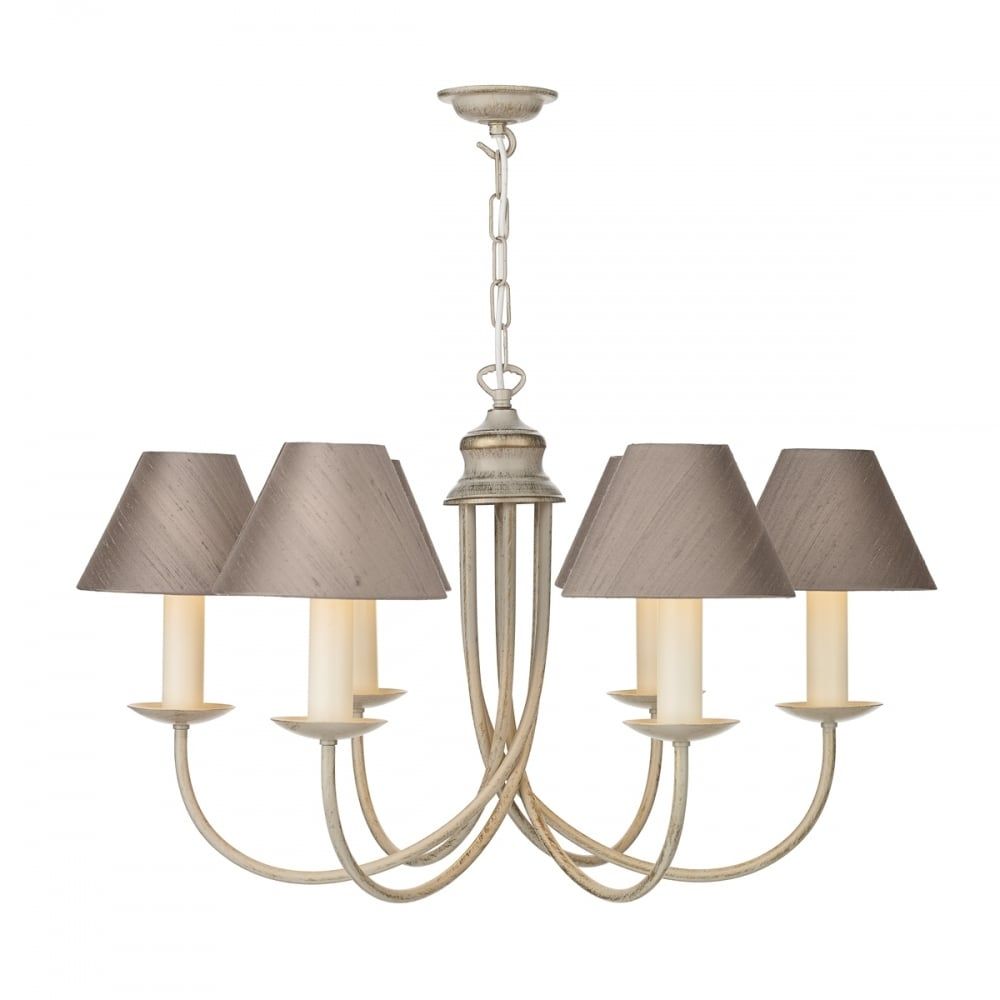 Traditional Long Drop 5 Light Creamy Gold Chandelier With Silk Shades Regarding Cream Gold Chandelier (View 4 of 15)