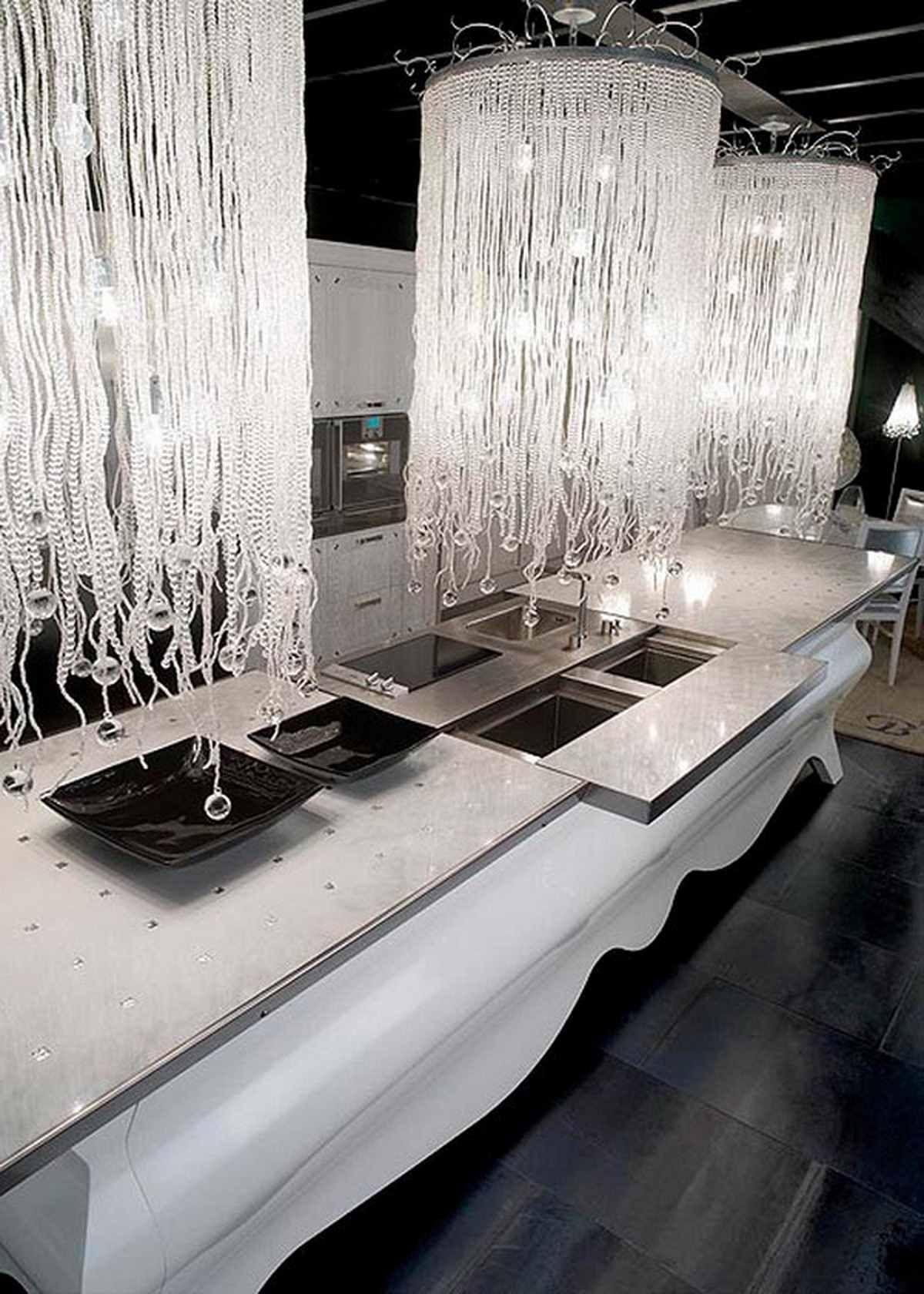 Ultra Modern Kitchen Design With Marble Countertop Three Inside Ultra Modern Chandeliers (View 12 of 15)