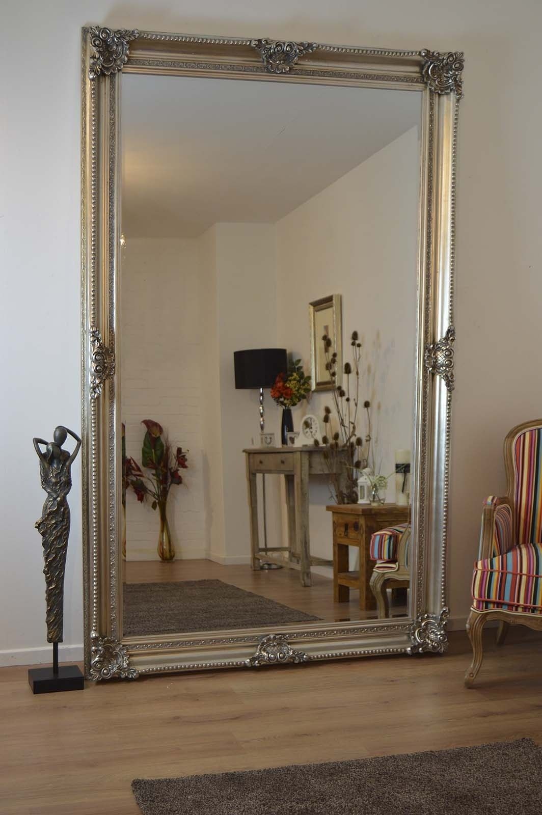 V Large Antique Style Silver Rectangle Wood Wall Mirror Leaner 8ft Throughout Large Antique Wall Mirrors (Photo 4 of 15)