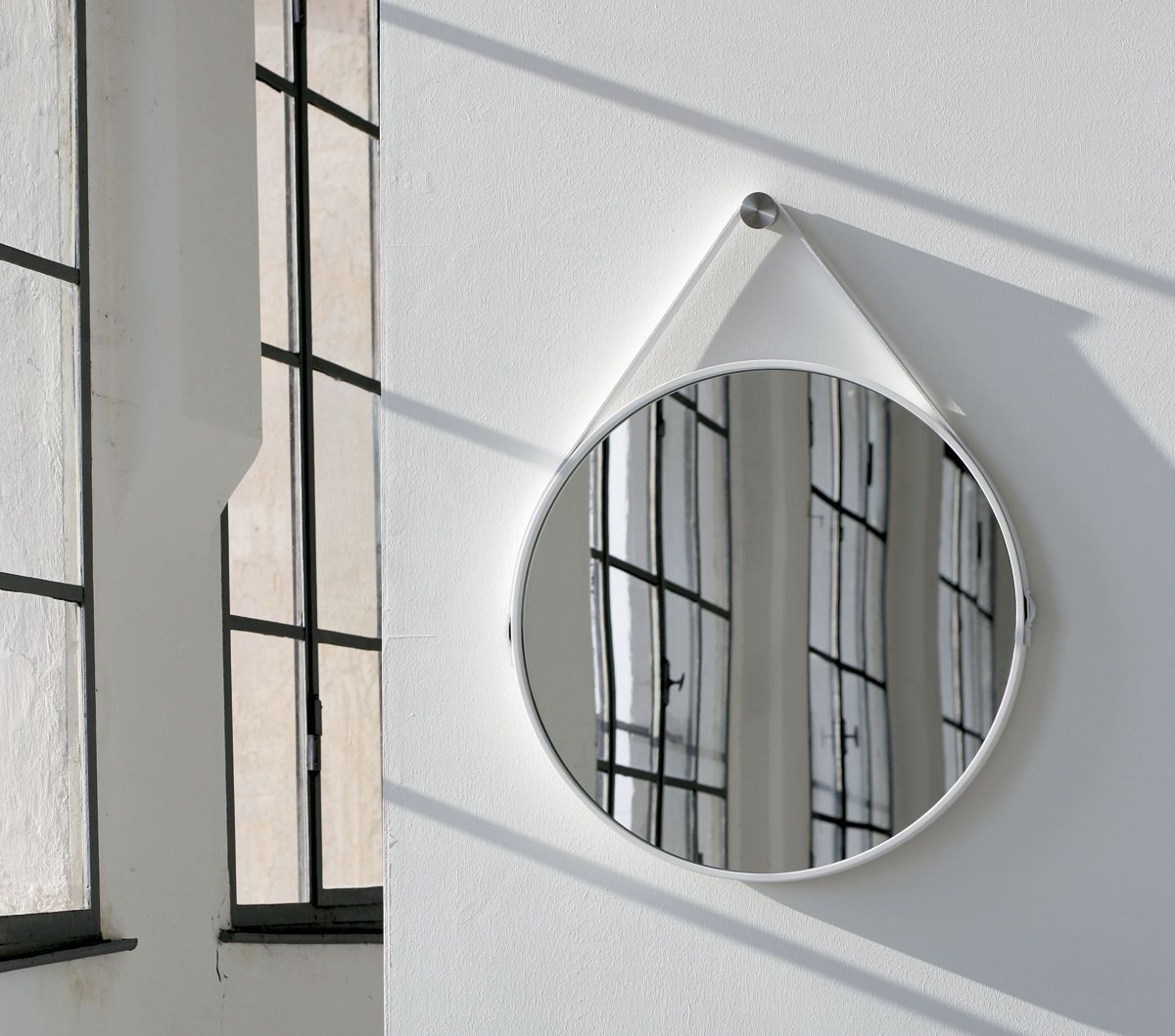 Wall Mounted Mirror Contemporary Round Leather George 24in Regarding Contemporary Round Mirrors (Photo 12 of 15)