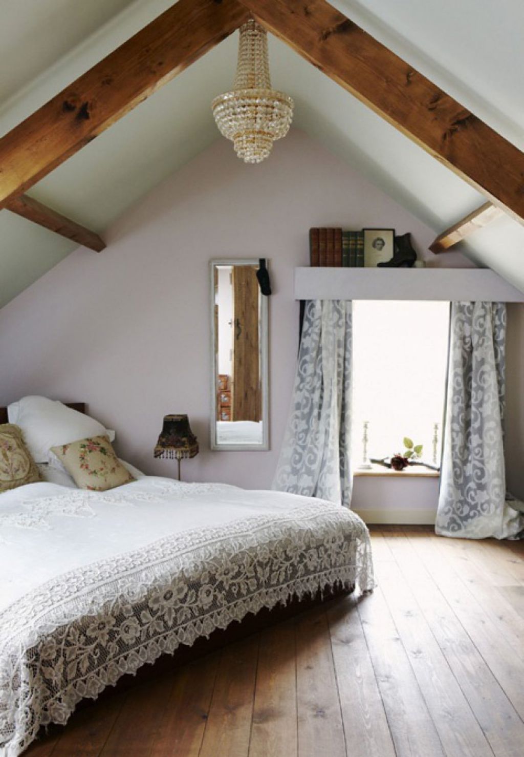 Attic Bedroom Using Vintage Chandelier And Long Curtains For With Long Bedroom Curtains (View 22 of 25)