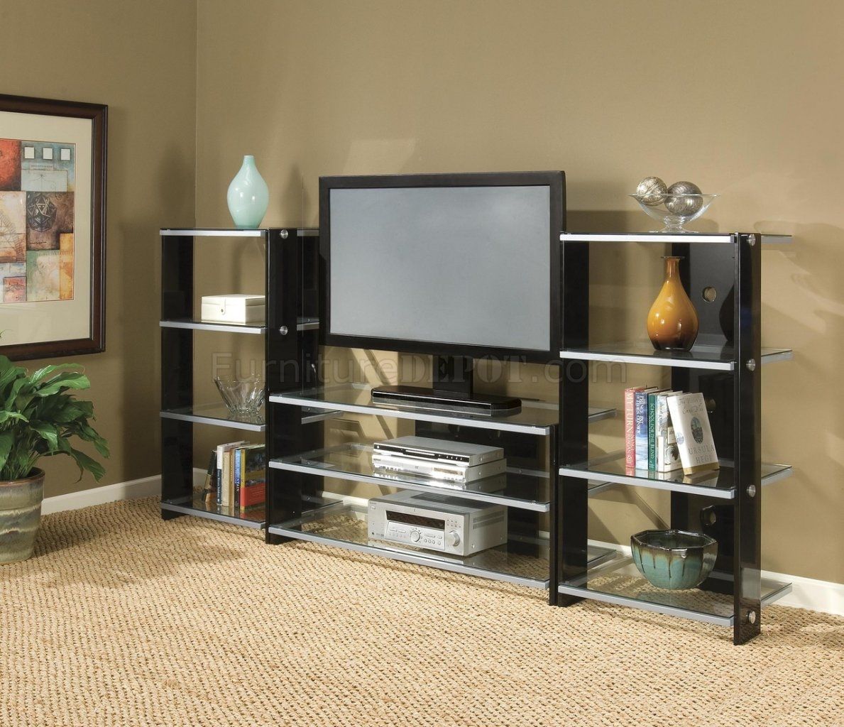 Black Silver Modern Entertainment Center Wglass Shelves With Living Room Glass Shelves (View 15 of 15)