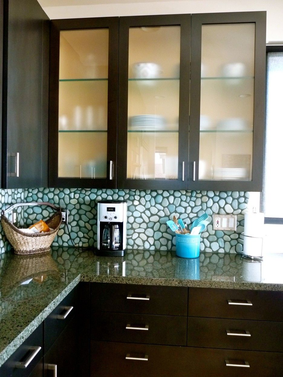 Dark Framed Glass Kitchen Cabinet Shelves Combined Chic Pebble Regarding Glass Kitchen Shelves (Photo 11 of 15)