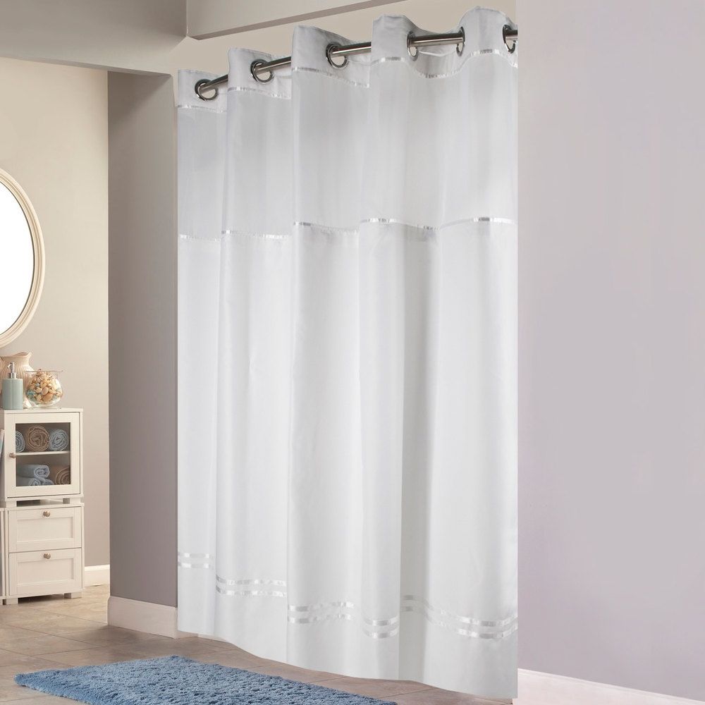 Hookless Hbh40mys0101sl77 White With White Stripe Escape Shower With Regard To Hookless Fabric Shower Curtain Liner (Photo 1 of 25)