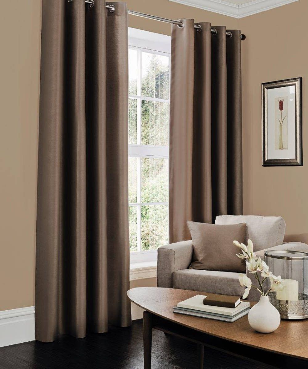 Pair Blackout Faux Silk Curtains Brown Intended For Brown Eyelet Curtains (Photo 9 of 25)